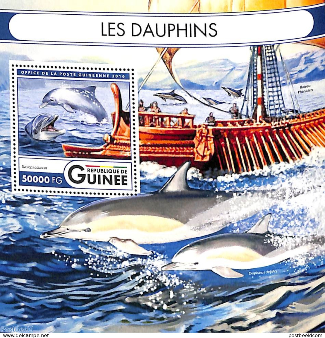 Guinea, Republic 2016 Dolphins S/s, Mint NH, Nature - Transport - Sea Mammals - Ships And Boats - Boten