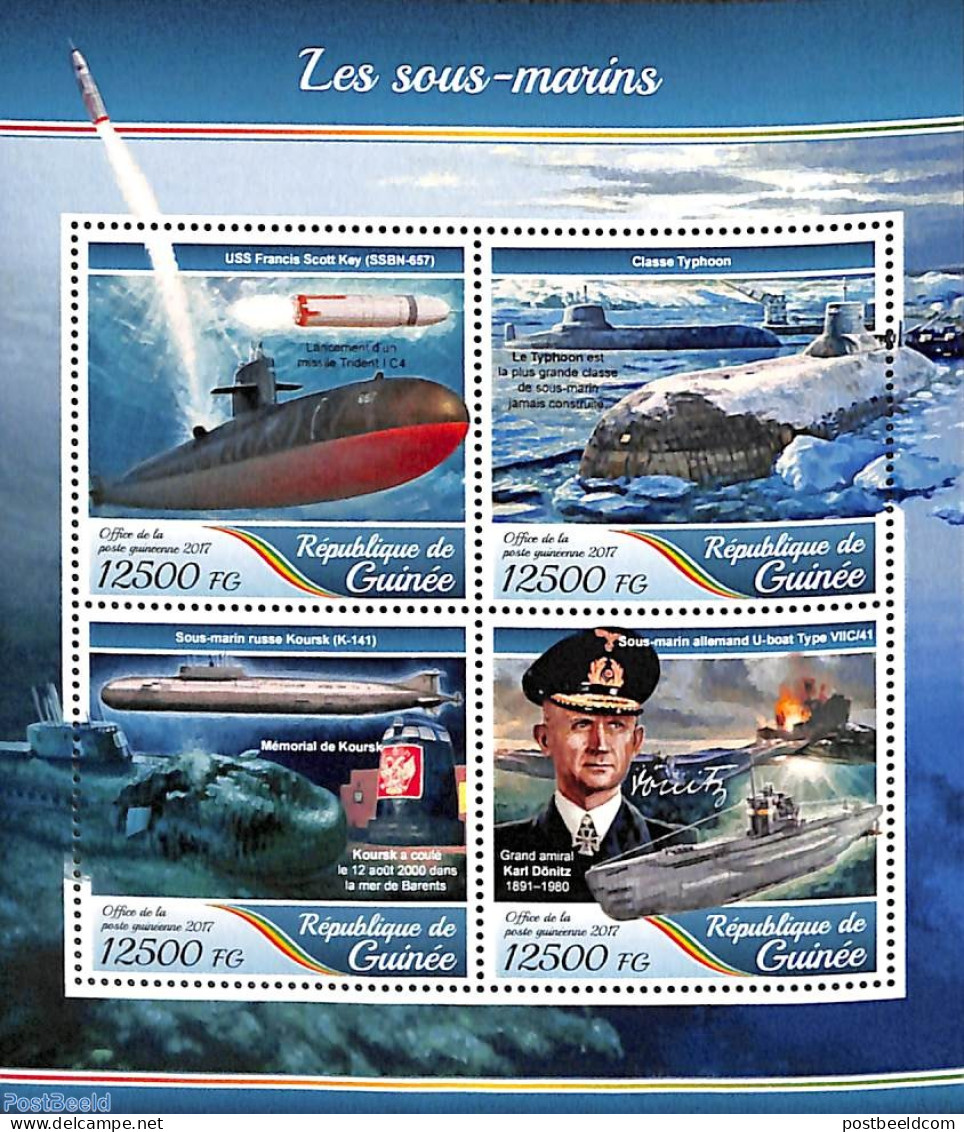 Guinea, Republic 2017 Submarines 4v M/s, Mint NH, Sport - Transport - Diving - Ships And Boats - Duiken