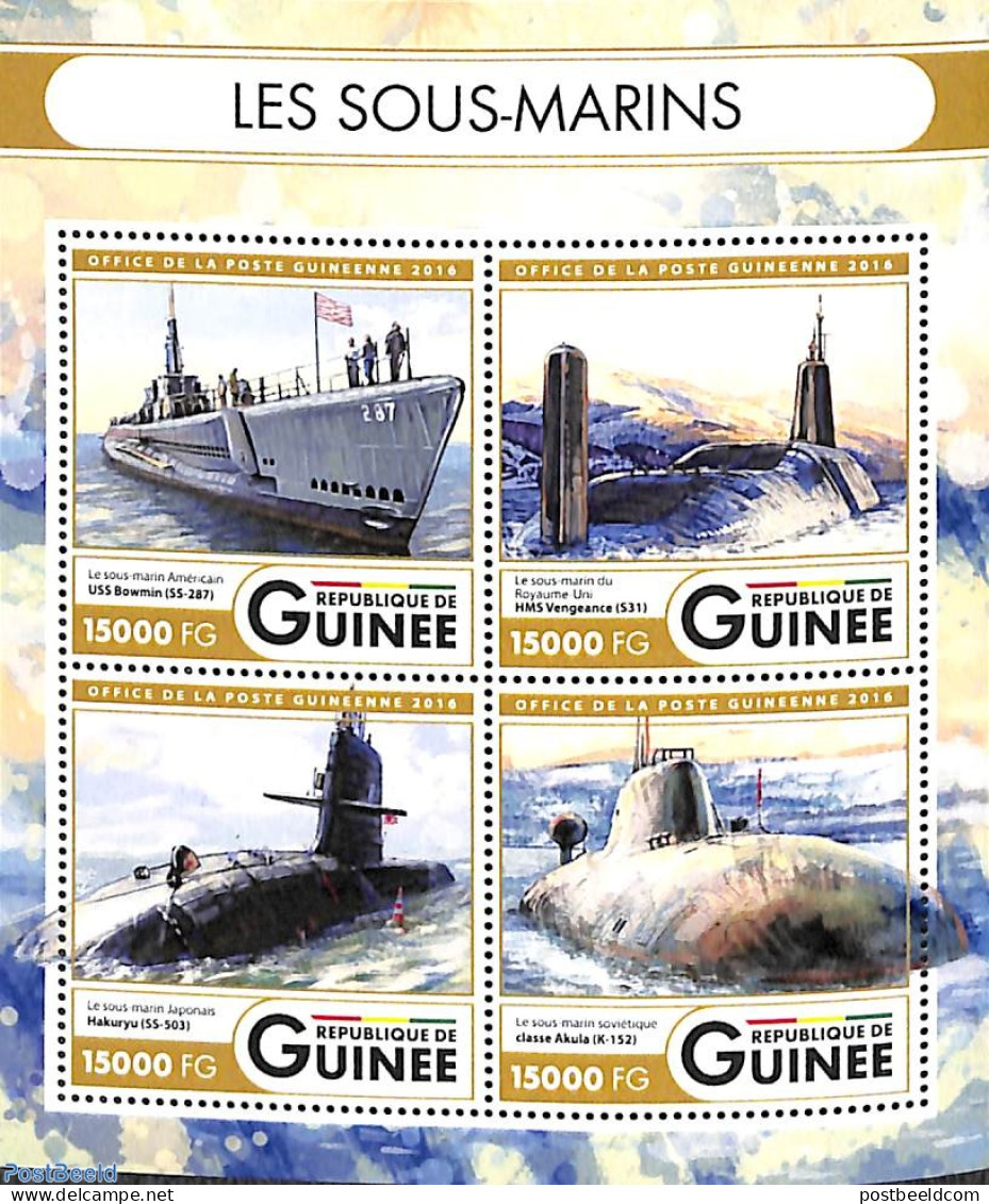 Guinea, Republic 2016 Submarines 4v M/s, Mint NH, Transport - Ships And Boats - Bateaux