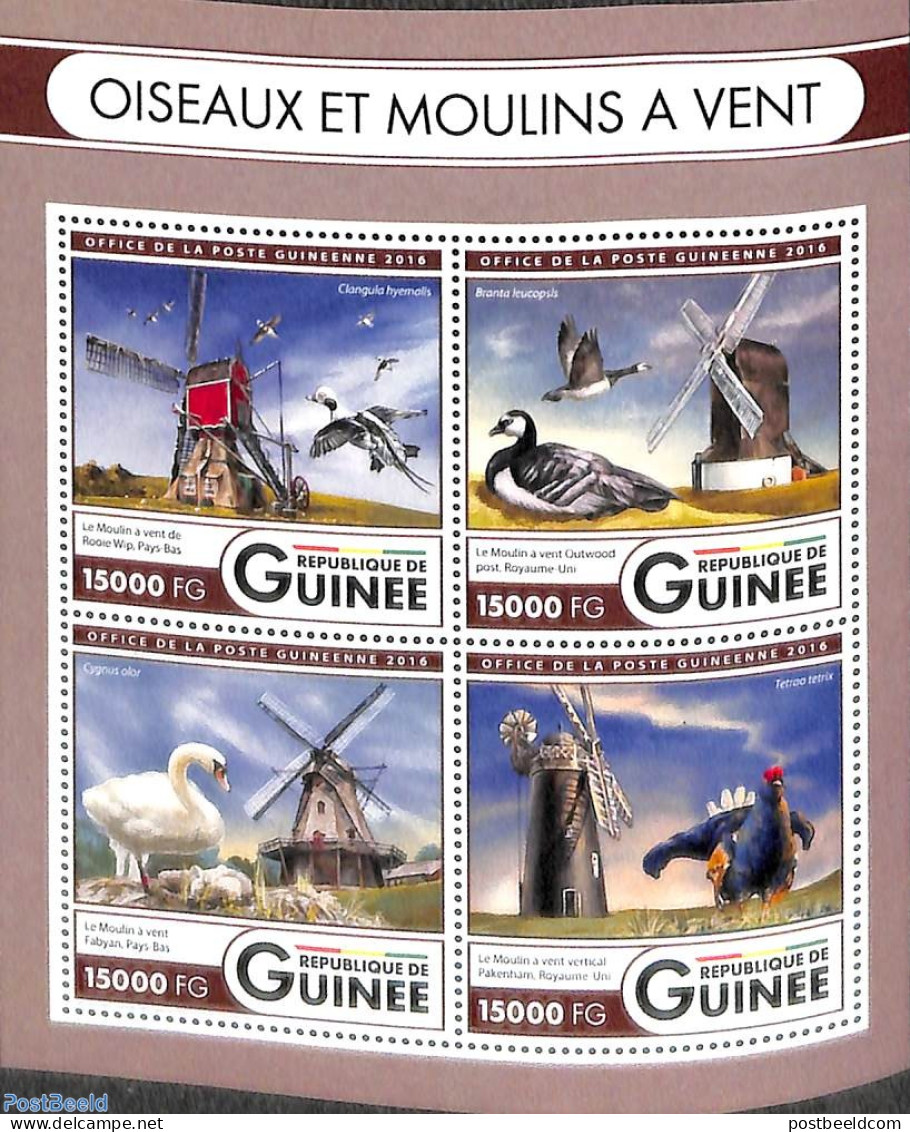 Guinea, Republic 2016 Windmills 4v M/s, Mint NH, Nature - Various - Birds - Mills (Wind & Water) - Molinos