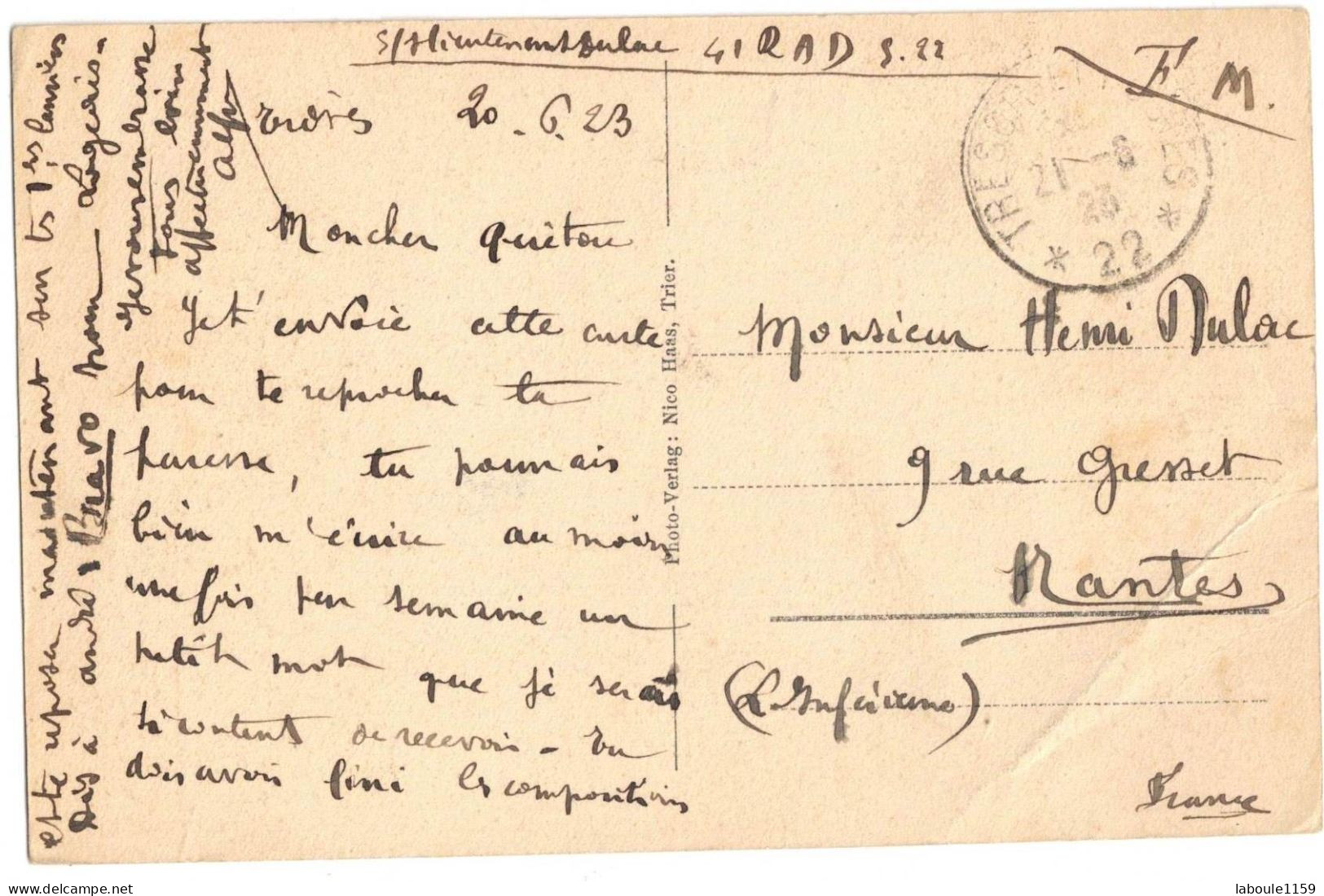 SUR CPA TRIER TREVES VERS NANTES MILITARIA  OBLITERATION TRESOR ET POSTES N° 22 - WW I