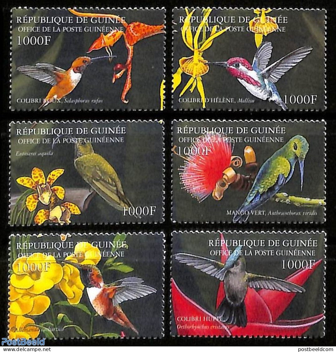Guinea, Republic 2002 Hummingbirds 6v, Mint NH, Nature - Birds - Flowers & Plants - Orchids - Other & Unclassified