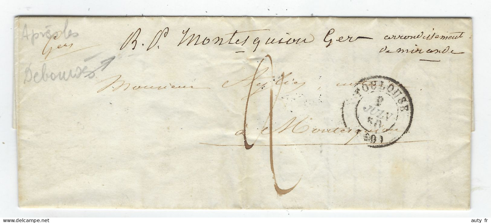 Lettre De Toulouse Pour Montesquiou (Gers) Arrivée Par Erreur à Montesquieu (Haute Garonne) - 1849-1876: Période Classique