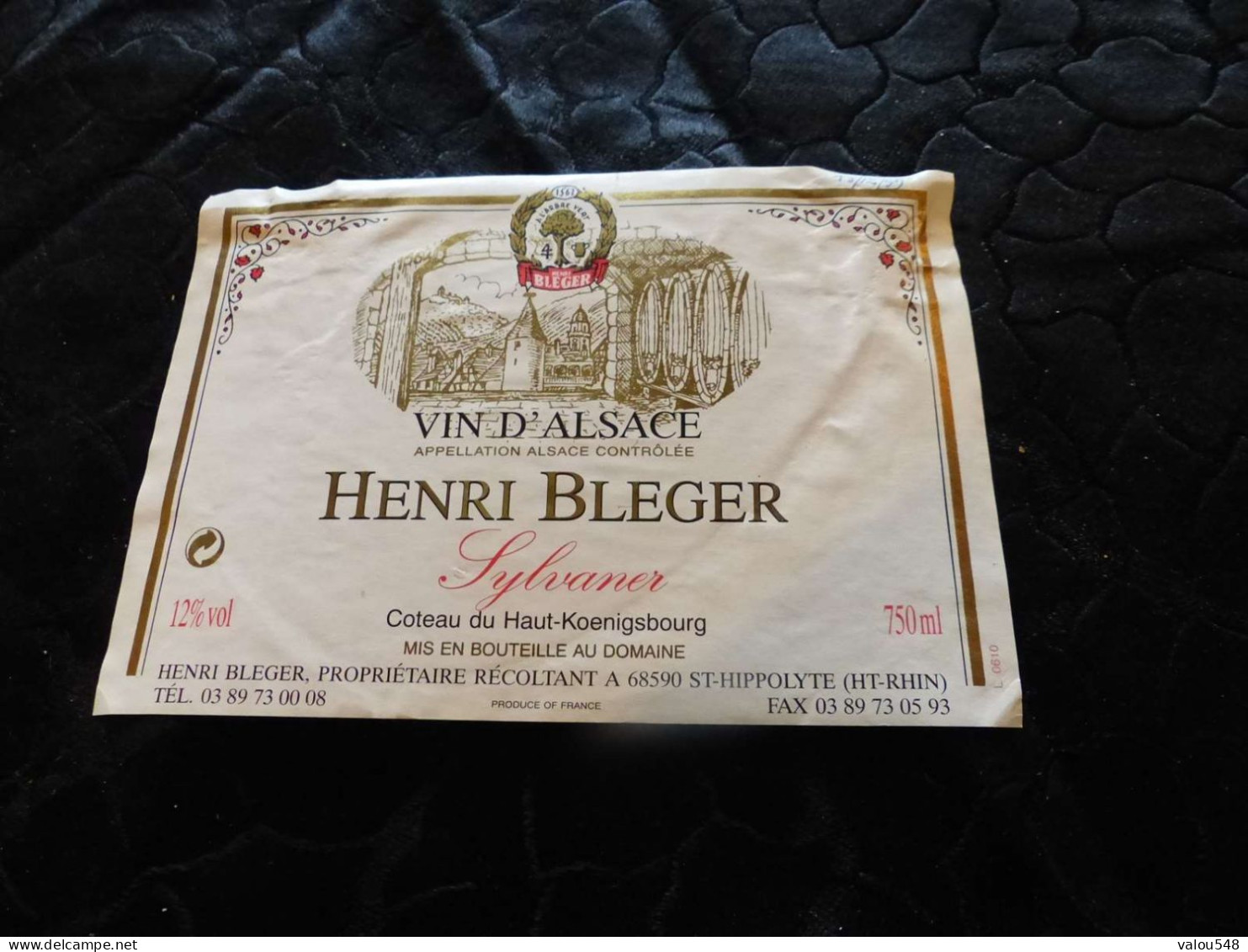 E-100 , Etiquette, Vin D'Alsace, Henri Bleger, Sylvaner, Côteau Du Haut-Koenigsbourg - Weisswein