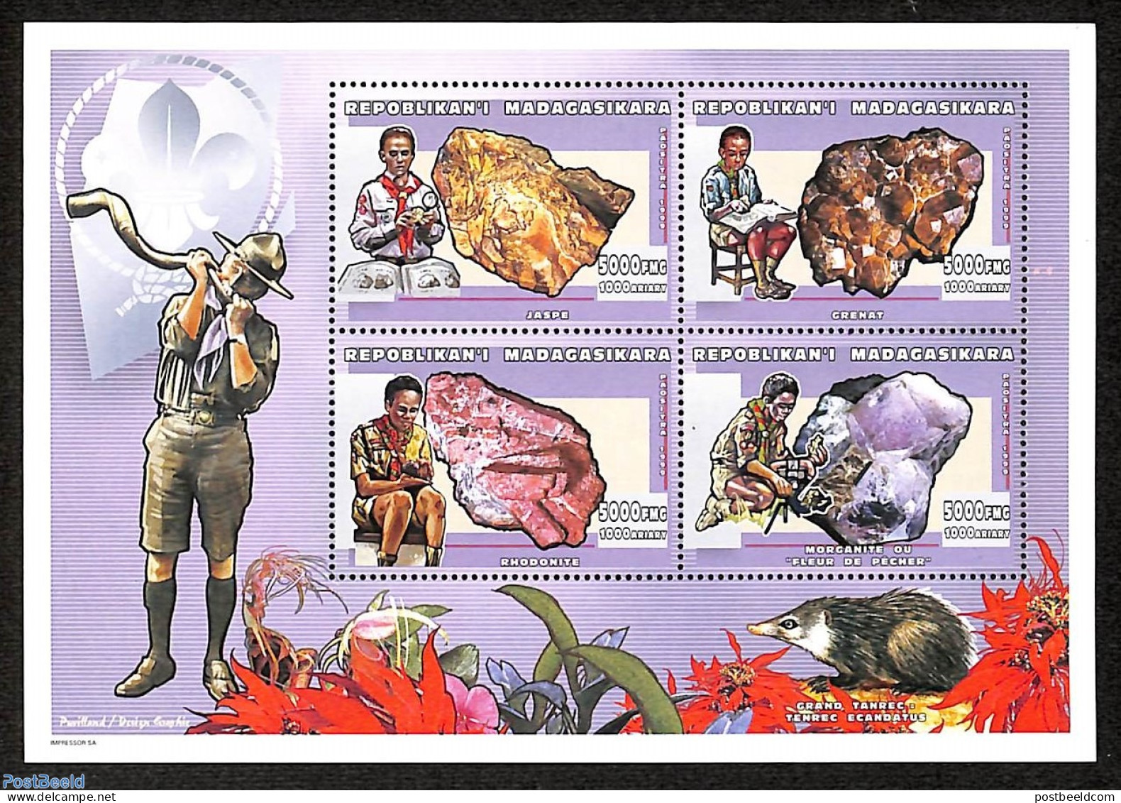 Madagascar 1999 Scouting, Minerals 4v M/s, Mint NH, History - Sport - Geology - Scouting - Other & Unclassified