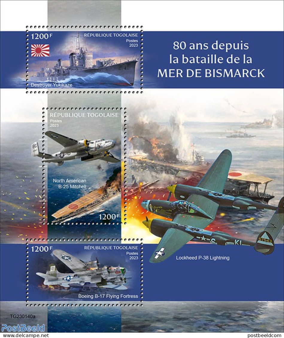 Togo 2023 Battle Of Bismarck Sea, Mint NH, History - Transport - Militarism - Aircraft & Aviation - Ships And Boats - Militaria