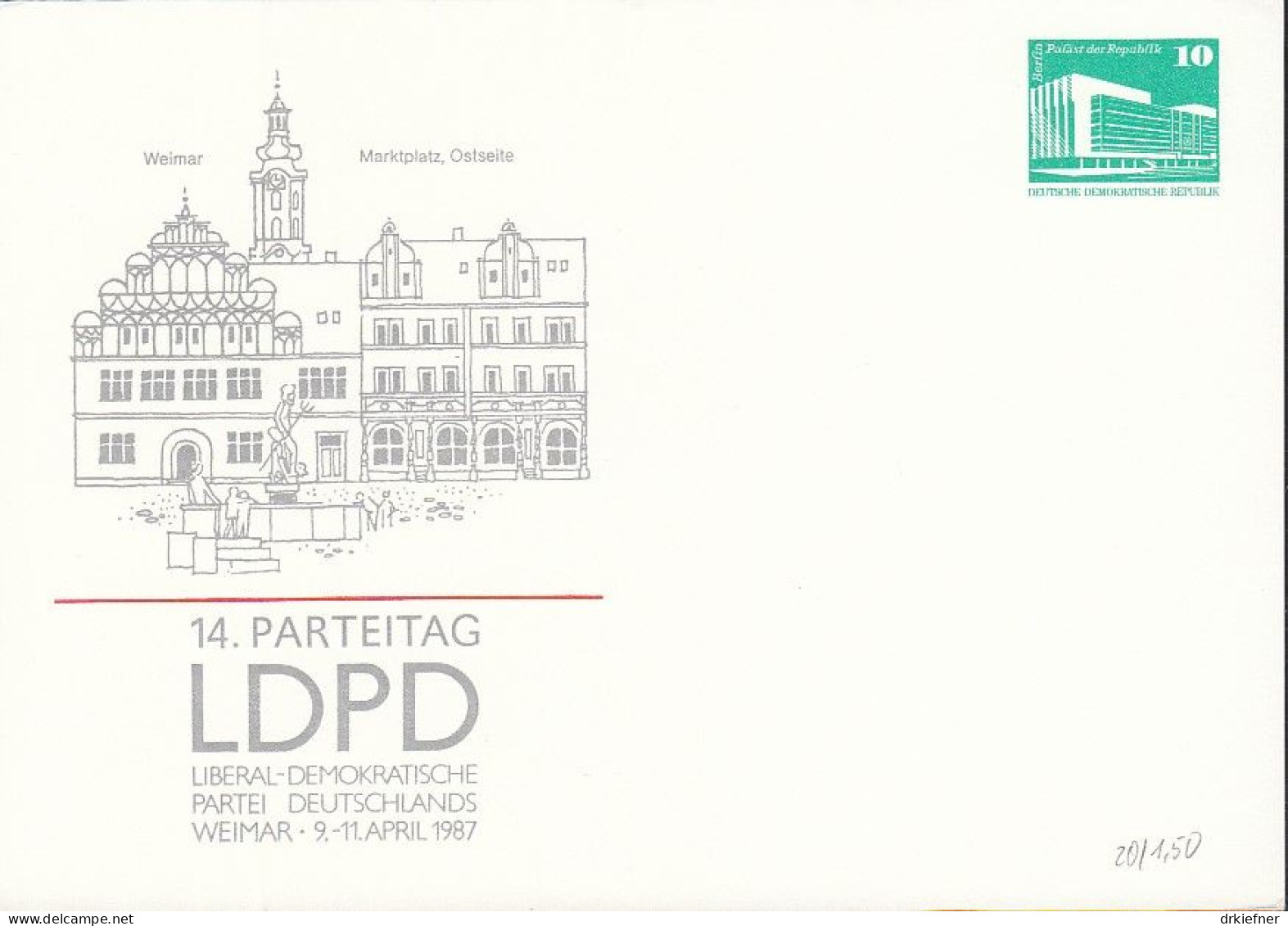 DDR PP 18, Ungebraucht, 14. Parteitag Der LDPD, Weimar 1987 - Private Postcards - Mint