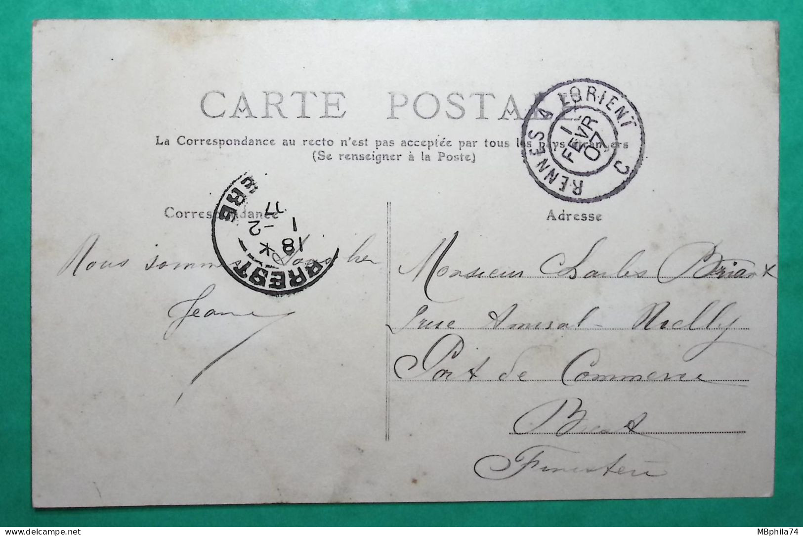 N°111 BLANC AMBULANT NUIT TYPE 2 RENNES A LORIENT CARTE POSTALE HENNEBONT POUR BREST FINISTERE 1907 INDICE 11 FRANCE - Correo Ferroviario