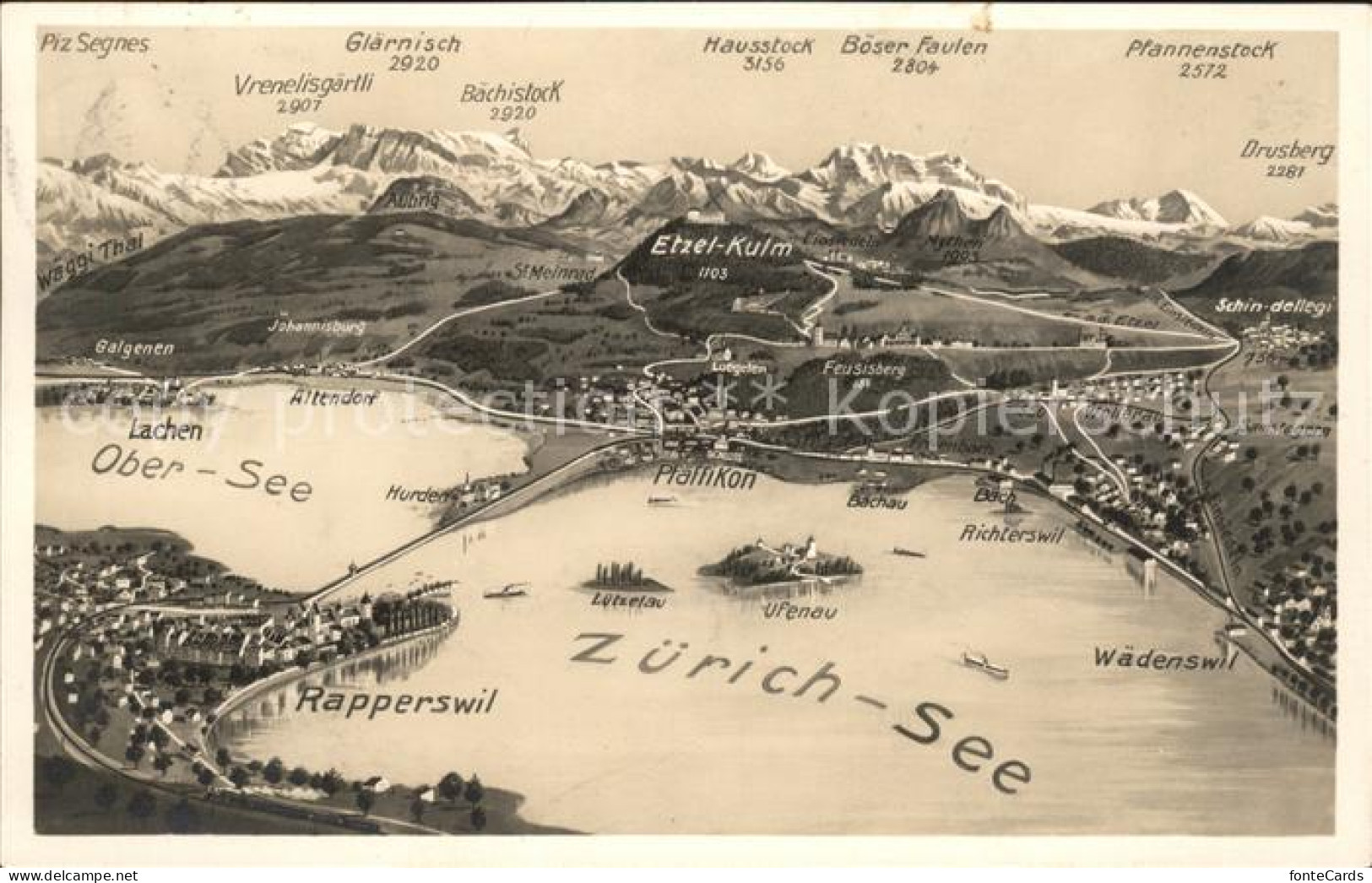 11776657 Rapperswil SG Mit Zuerichsee Und Obersee Panoramakarte Rapperswil SG - Other & Unclassified