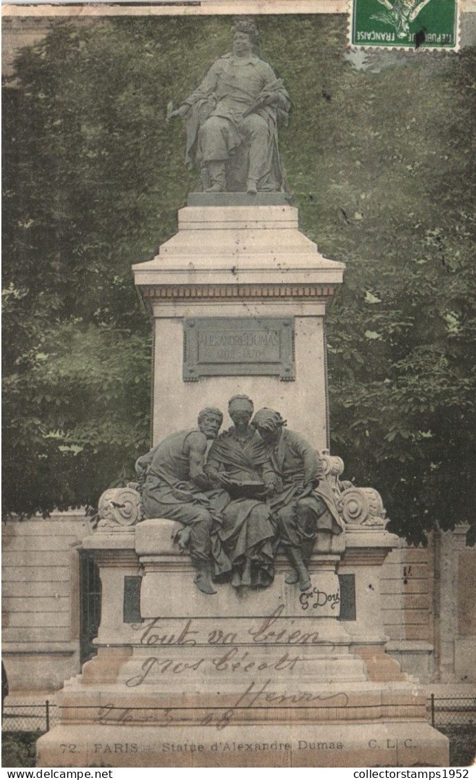 PARIS, MONUMENT TO ALEXANDRE DUMAS, STATUE, FRANCE, POSTCARD - Standbeelden