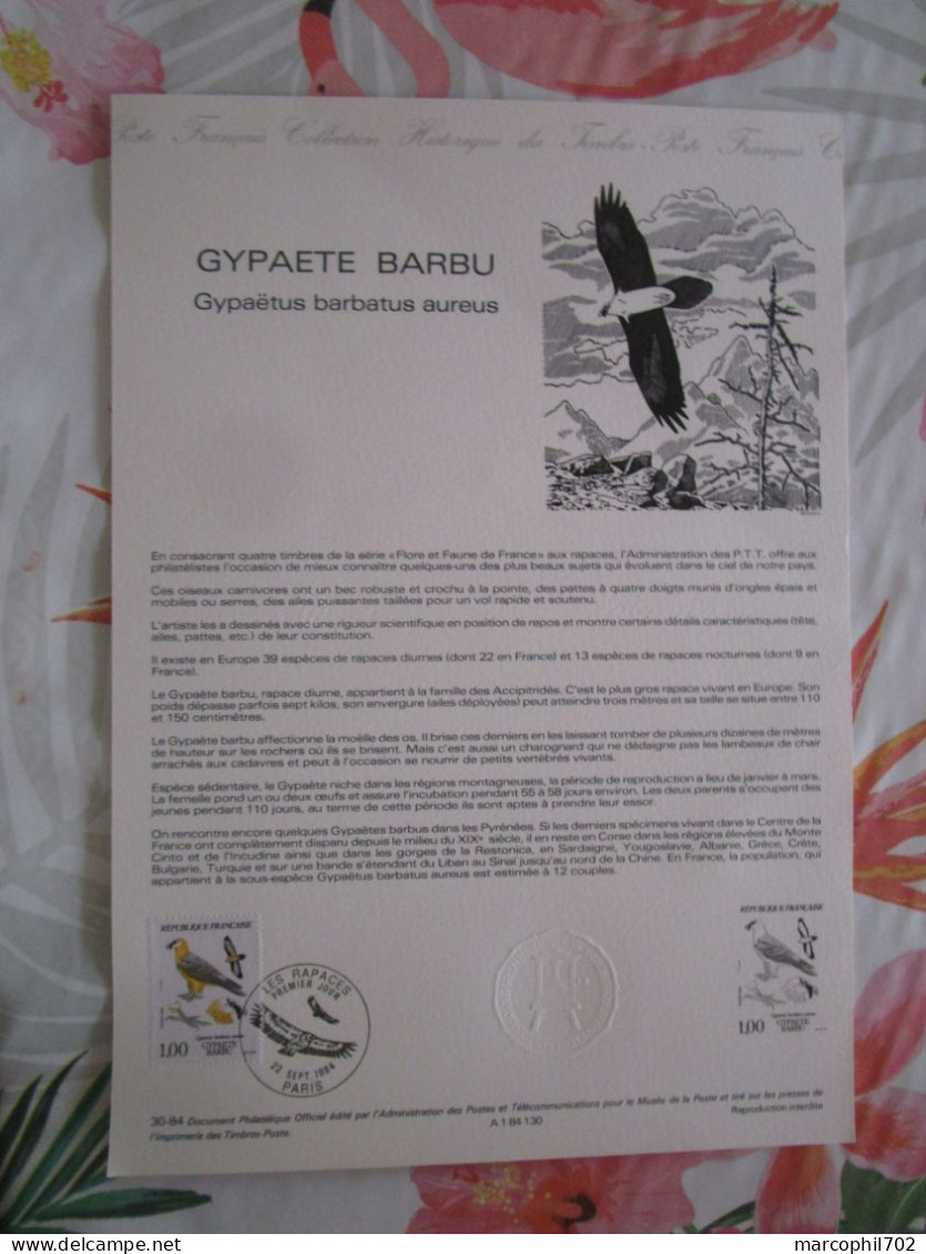 Document Officiel Rapace Gypaete Barbu 22/9/84 - Documents Of Postal Services