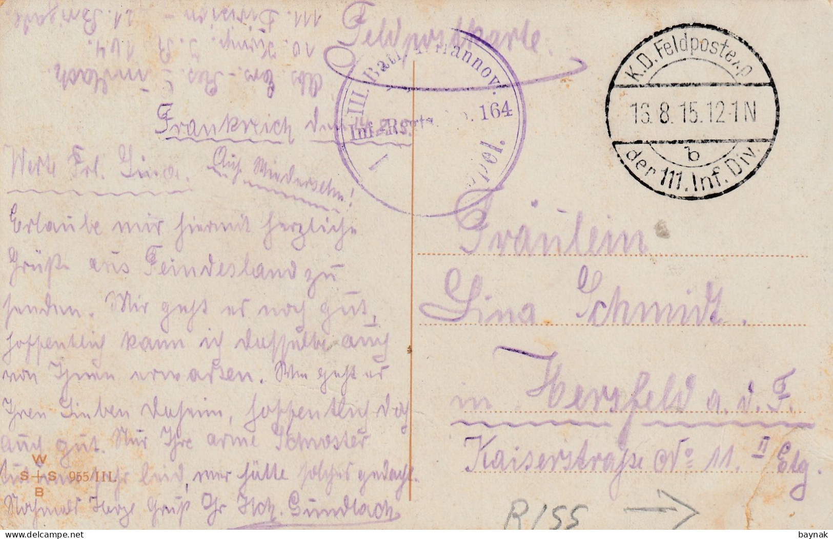 MIL3267    --  DEUTSCHLAND  --  ICH HAB EINEN KAMERADEN.....  --  FELDPOST  DER 111 Inf. Div.  --  1915 - Guerra 1914-18