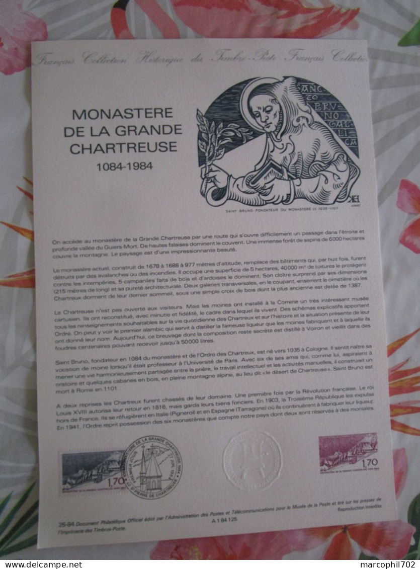 Document Officiel Monastere De La Grande Chartreuse 7/7/84 - Postdokumente