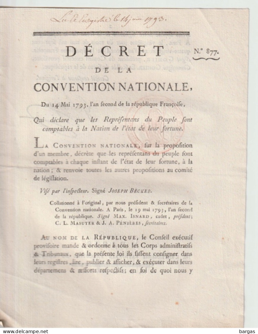 DECRET DE LA CONVENTION NATIONALE : Impression Des Listes Des Officiers Civils Militaires Et .... - Decretos & Leyes