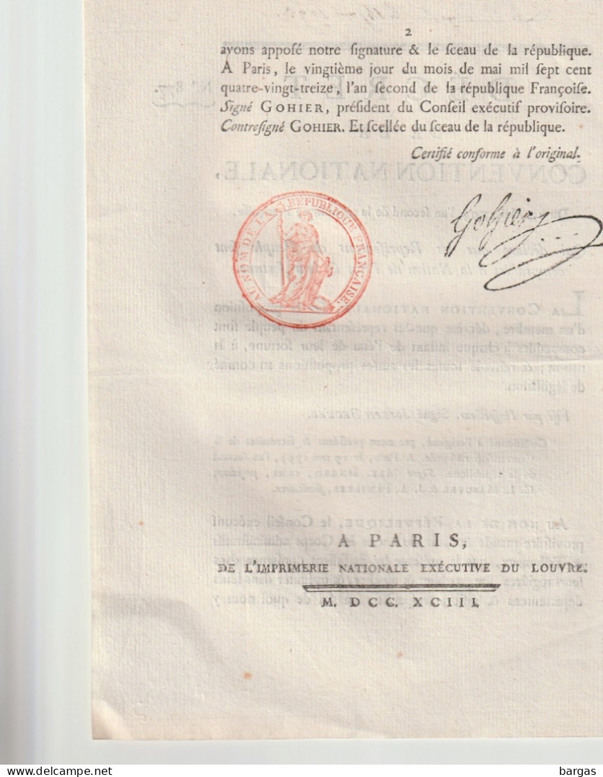 DECRET DE LA CONVENTION NATIONALE : Impression Des Listes Des Officiers Civils Militaires Et .... - Décrets & Lois