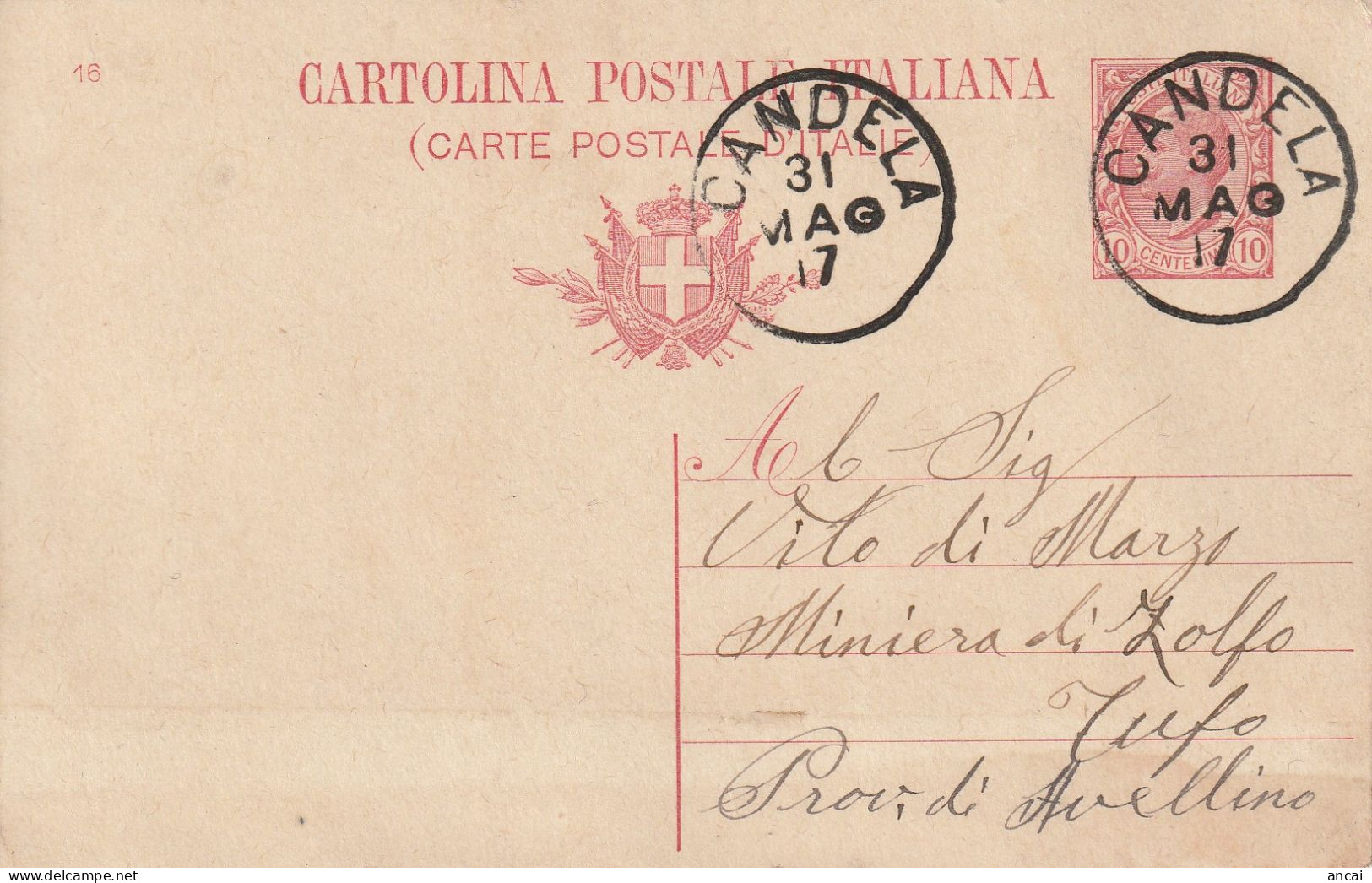 Italy. A214. Candela. 1917. Annullo Grande Cerchio CANDELA, Su Cartolina Postale - Marcofilie