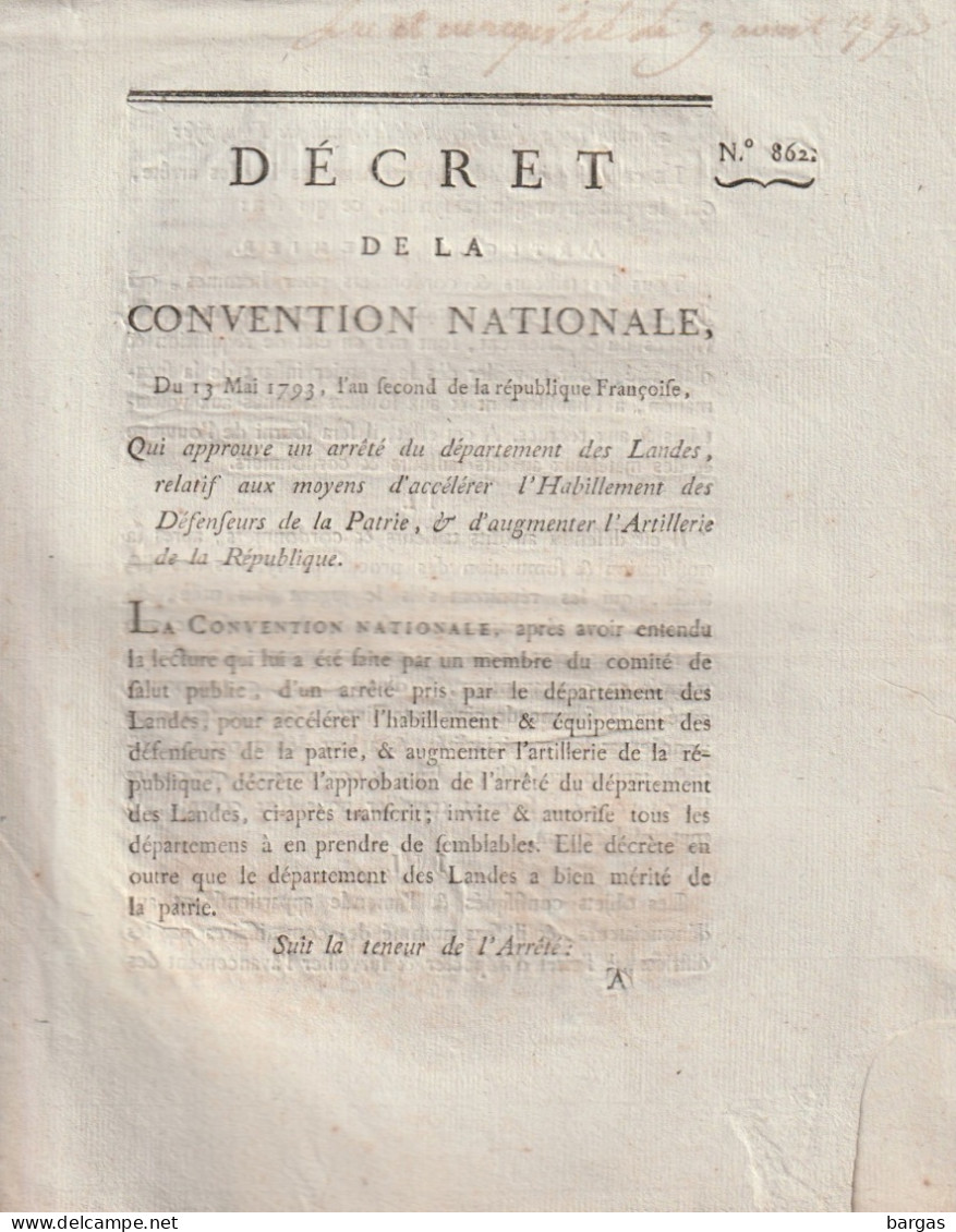 DECRET DE LA CONVENTION NATIONALE : Département Des Landes Militaire Habillement Et Artillerie - Décrets & Lois