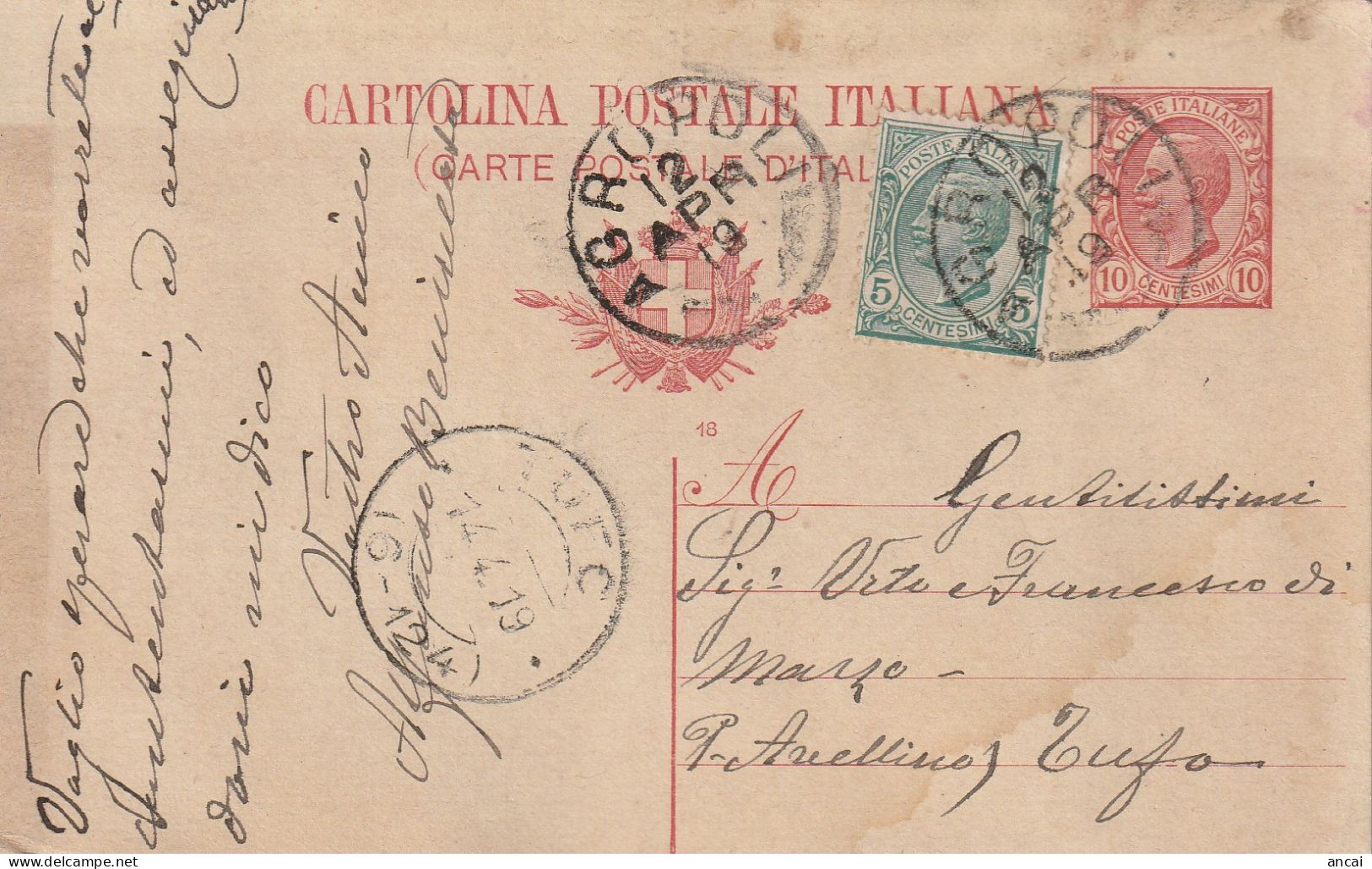 Italy. A214. Agropoli. 1919. Annullo Grande Cerchio AGROPOLI, Su Cartolina Postale - Storia Postale