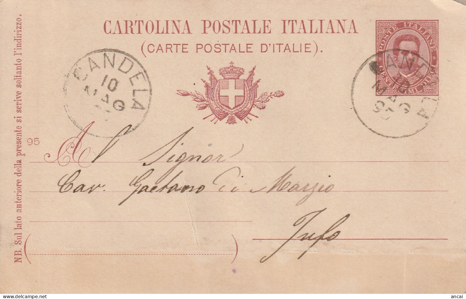 Italy. A214. Candela. 1895. Annullo Grande Cerchio CANDELA, Su Cartolina Postale - Marcophilia