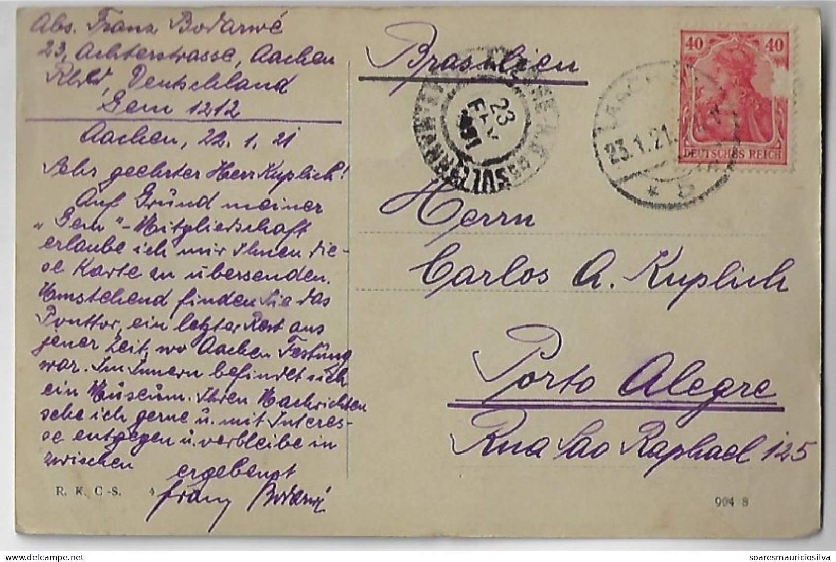 Germany 1921 Postcard Photo Ponttor Gate In Aachen Editor R. K. C. -S. Sent To Porto Alegre Brazil Stamp 40 Pfennig - Aken