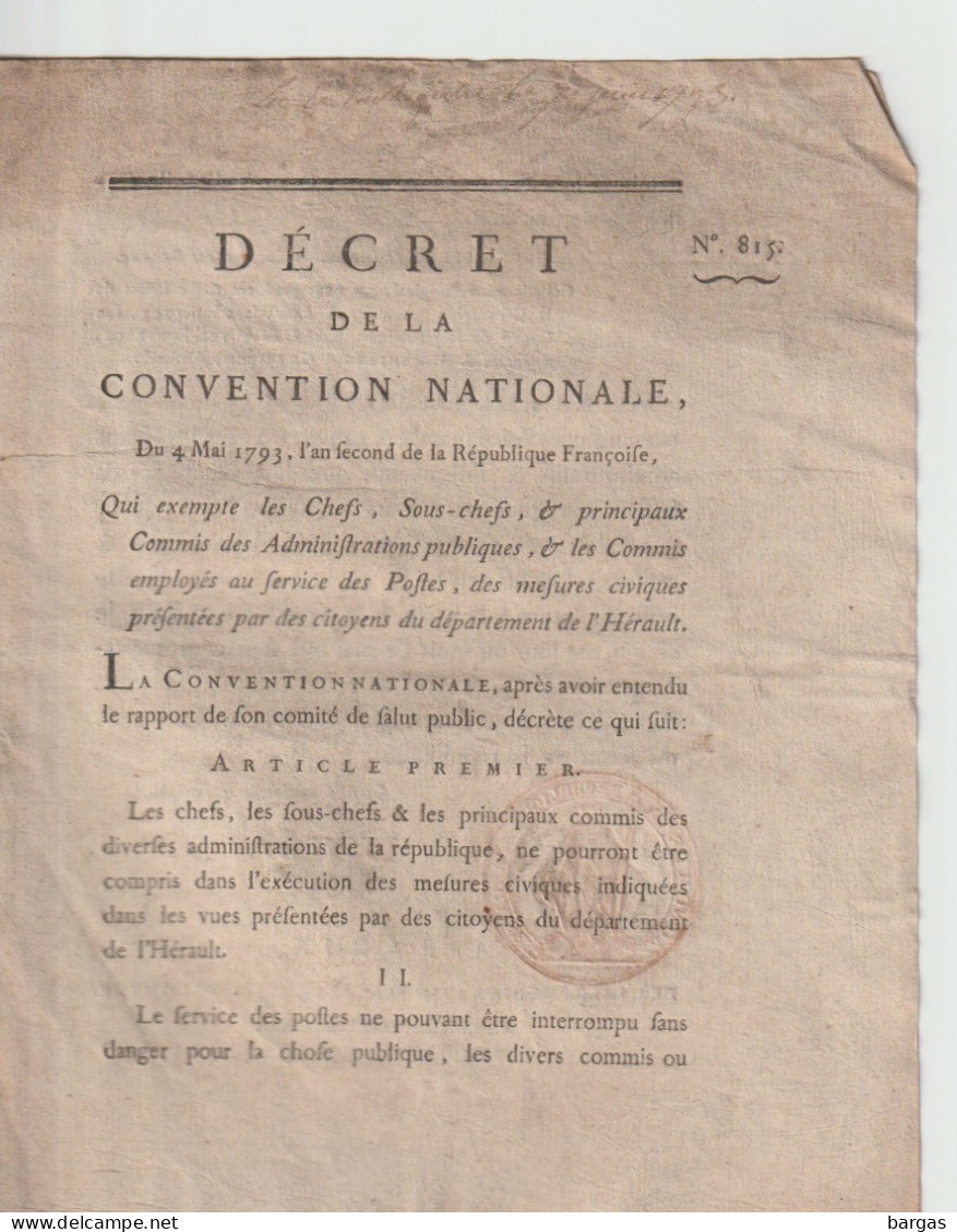 DECRET DE LA CONVENTION NATIONALE : Exemption Poste Du Département De L'Hérault - Wetten & Decreten