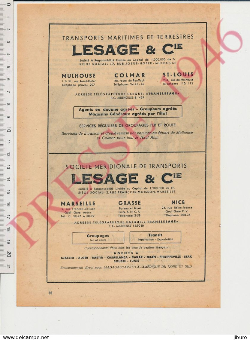 Publicité 1946 Lesage & Cie Transports Maritimes Et Terrestres Mulhouse Colmar Saint-Louis Marseille Grasse Nice - Sin Clasificación