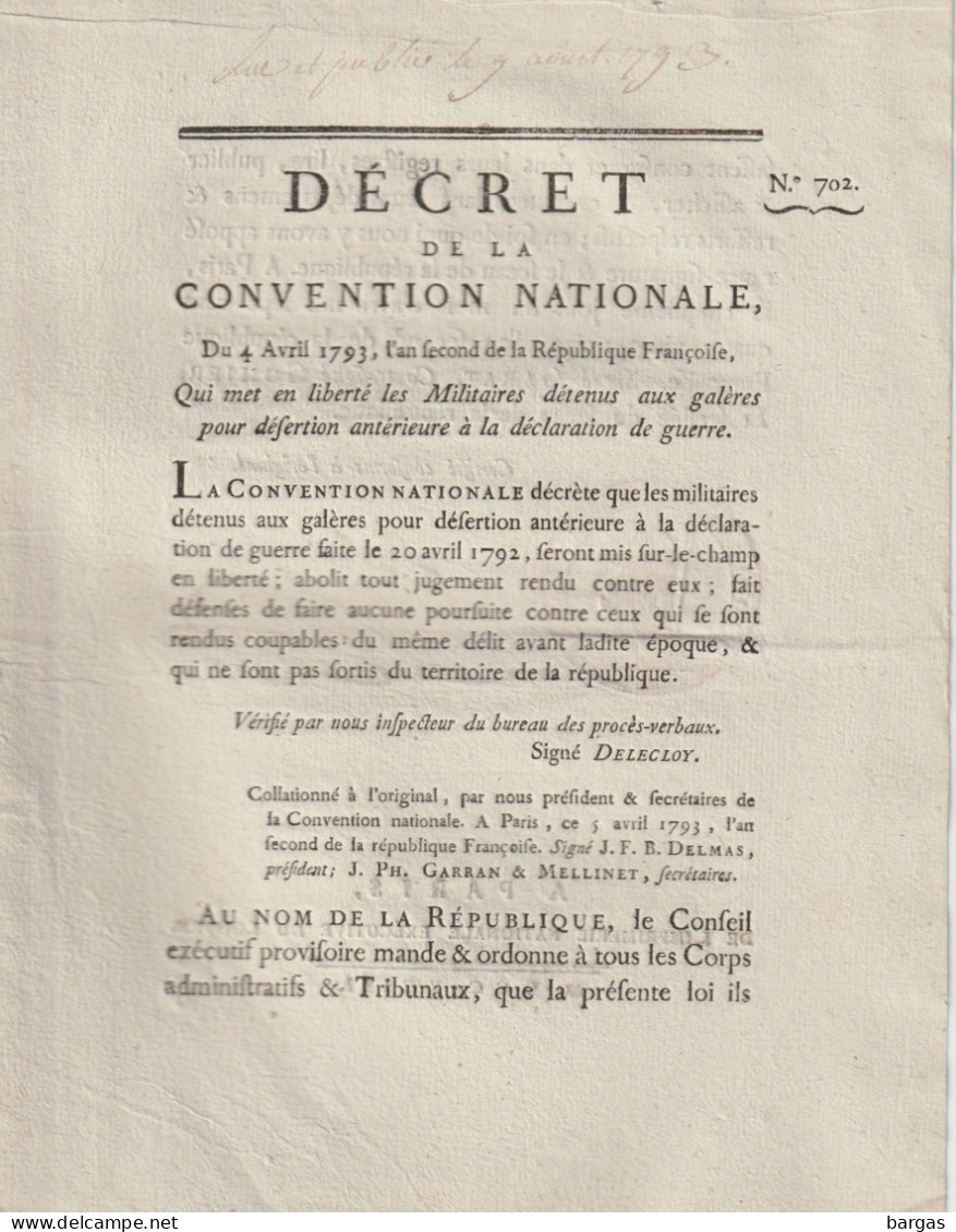 DECRET DE LA CONVENTION NATIONALE : Met En Liberté Les Militaires Détenus Aux Galères Pour Désertion - Gesetze & Erlasse