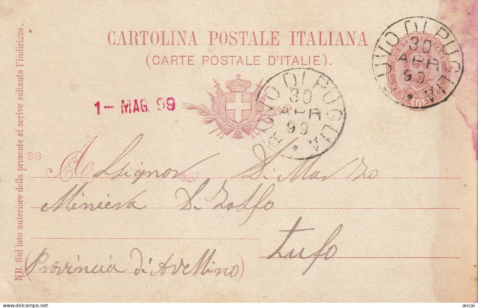 Italy. A214. Ruvo Di Puglia. 1899. Annullo Grande Cerchio RUVO DI PUGLIA, Su Cartolina Postale - Marcofilie