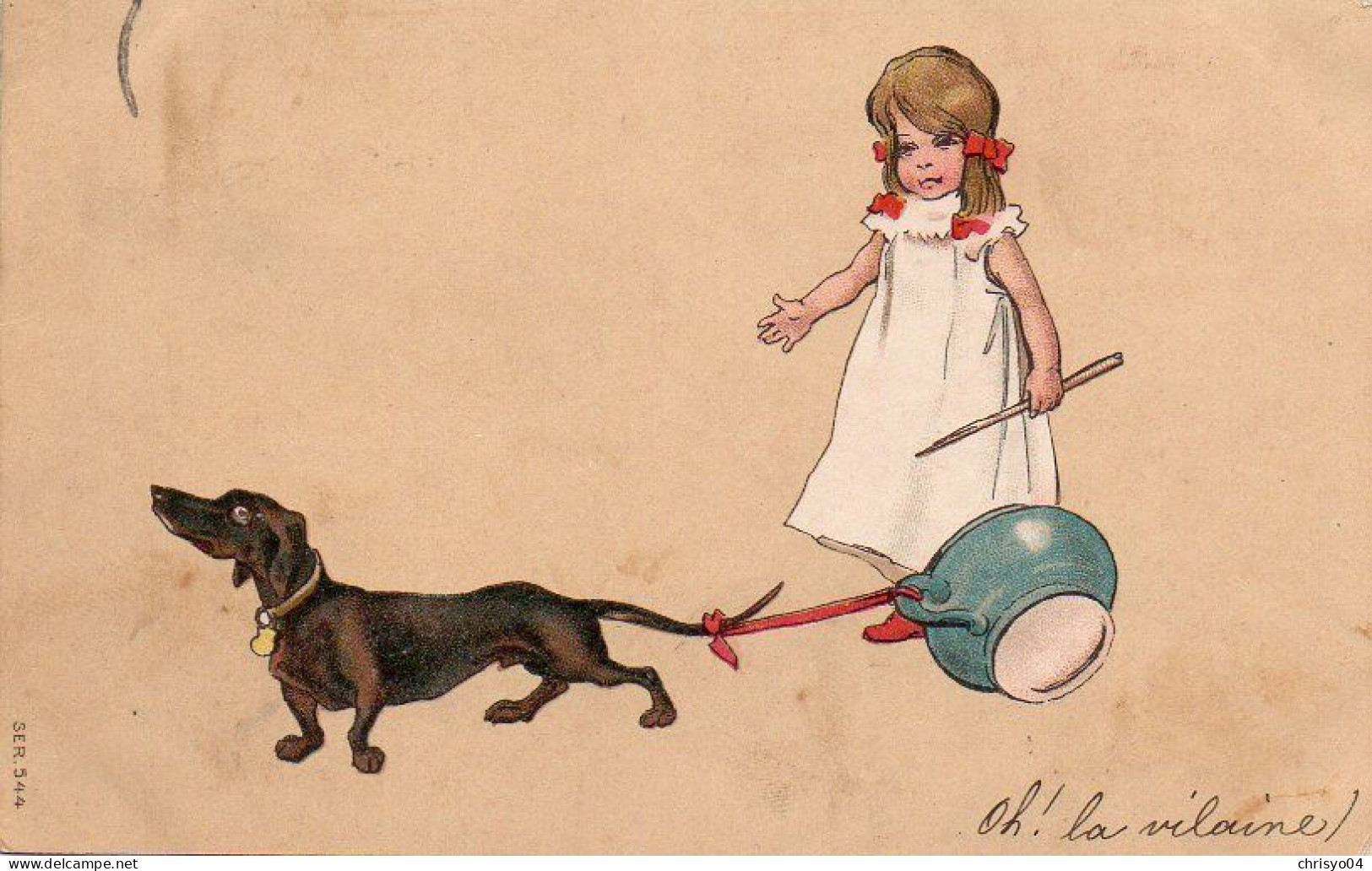 4V4Sb  Illustrateur Petite Fille Fillette Pipi Pot De Chambre Tiré Par Chien Teckel - 1900-1949