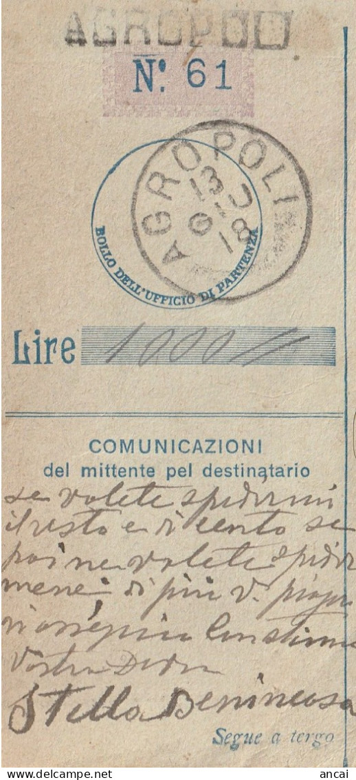 Italy. A214. Agropoli. 1918. Annullo Grande Cerchio AGROPOLI + Stampatello Dritto, Su Ricevuta Vaglia - Storia Postale