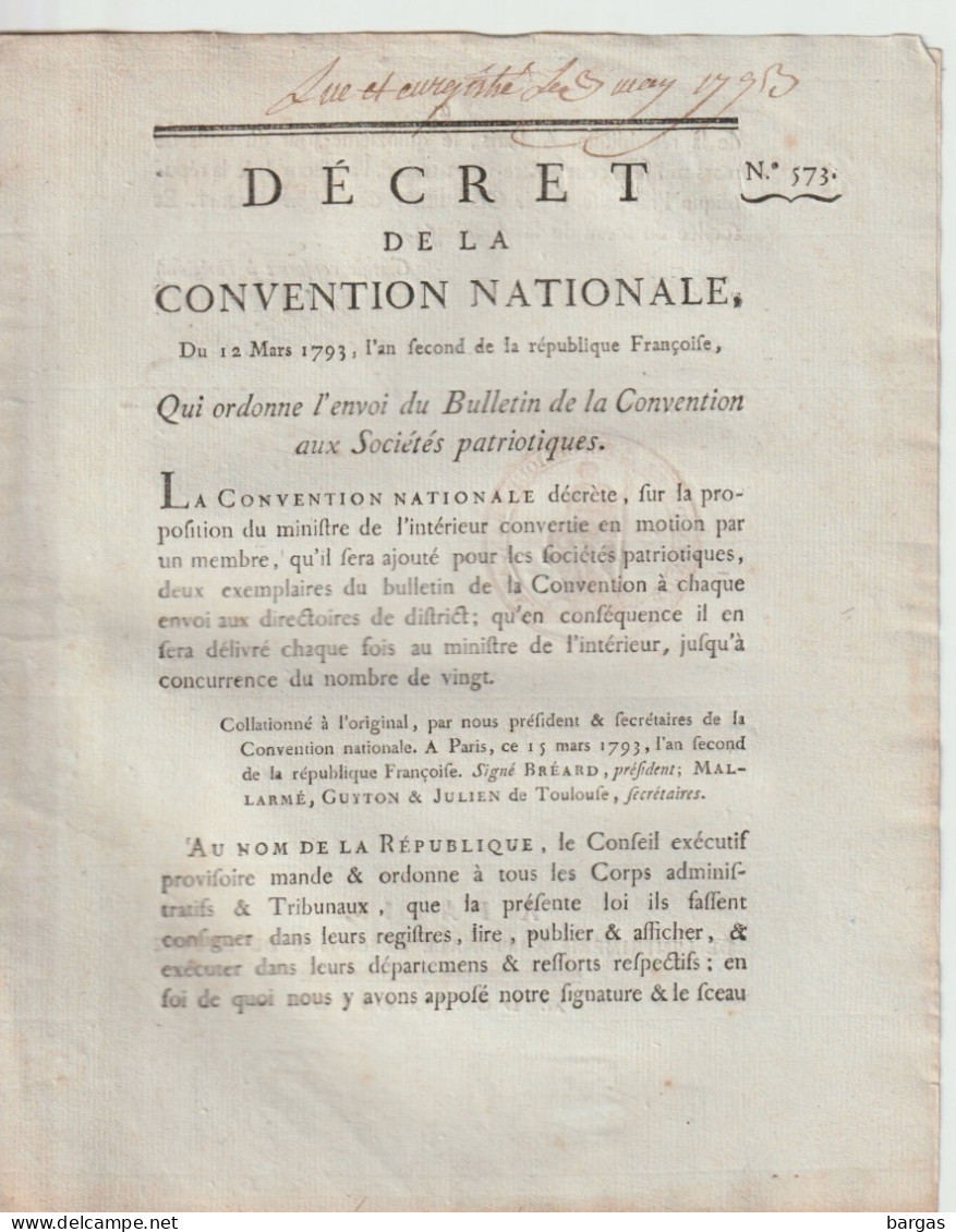 DECRET DE LA CONVENTION NATIONALE : Envoi Du Bulletin De La Convention Aux Sociétés Patriotiques - Decrees & Laws