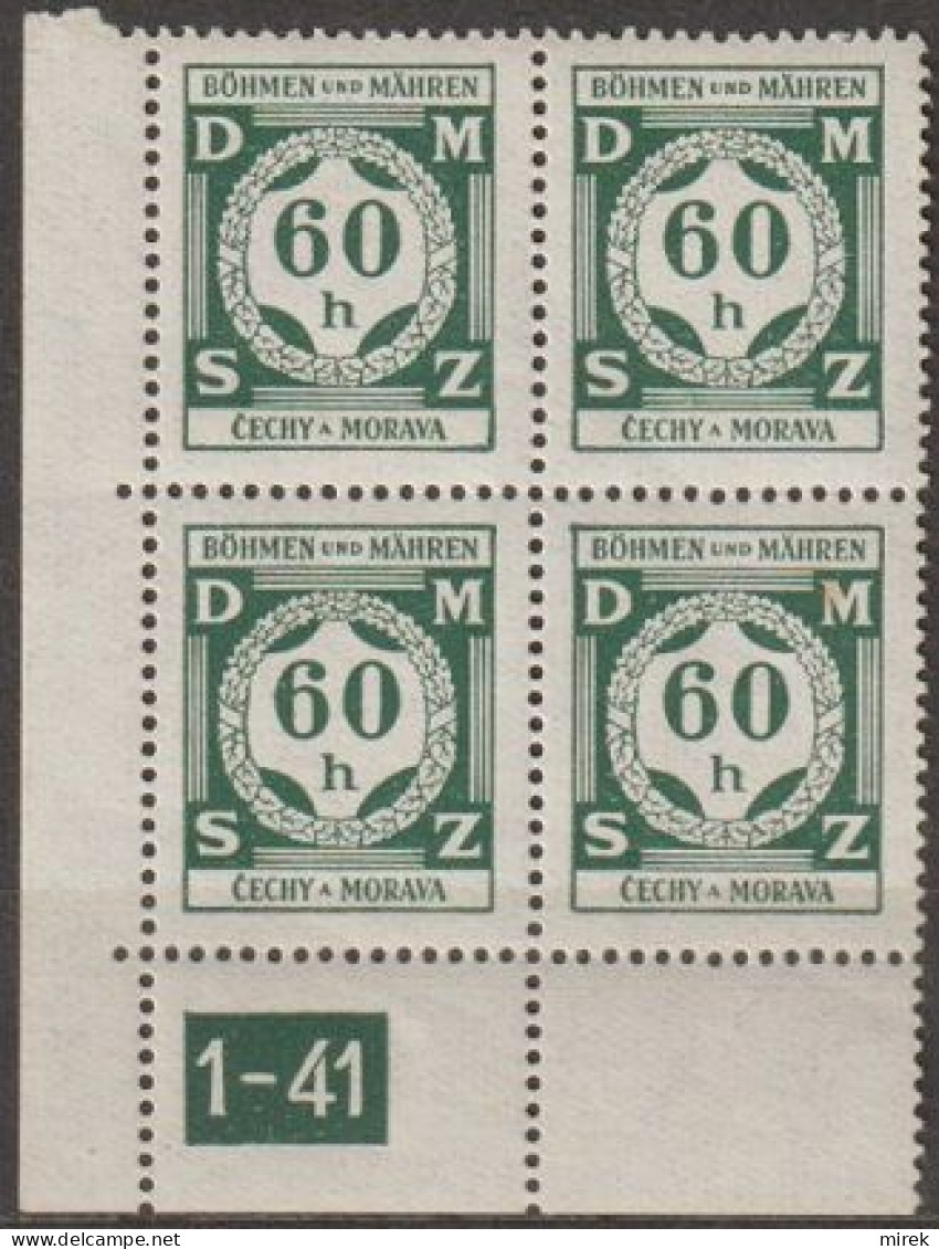 35/ Pof. SL 4, Grey Green, Corner 4-block, Plate Number 1-41 - Unused Stamps