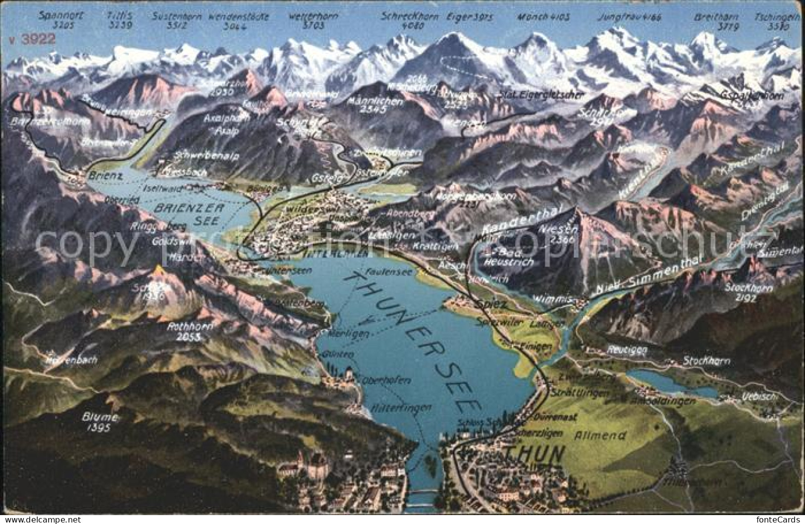 11769456 Thunersee Mit Brienzersee Berner Oberland Panoramakarte Scherzligen - Autres & Non Classés