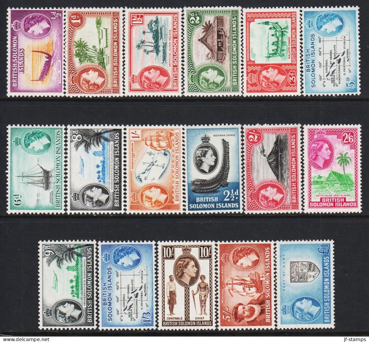 1956-1960. BRITISH SOLOMON ISLANDS. Elizabeth & Landscapes. Complete Set With 17 Stamps Nev... (Michel 81-97) - JF546086 - Salomonen (...-1978)