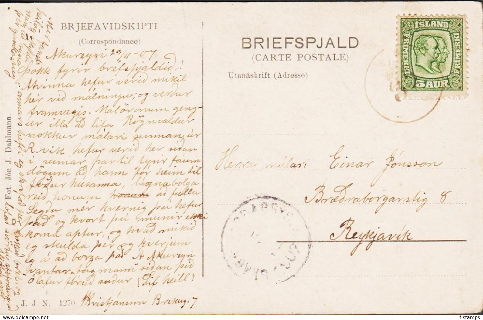 1907. Two Kings. 5 Aur Green. Perf. 12 3/4, Wm. Crown. Postcard (Magnus Einarsson Söngstjori O... (Michel 51) - JF546089 - Briefe U. Dokumente