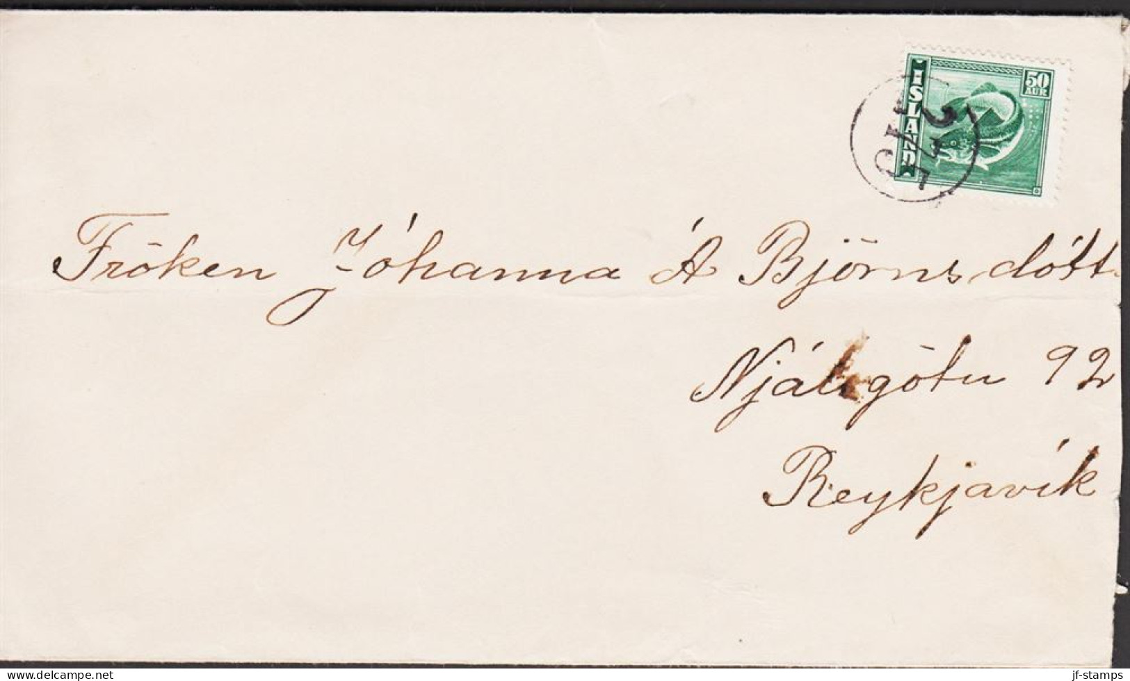 1944. ISLAND. Cod Fish. 50 AUR Single On Cover (fold) To Reykjavik Cancelled With Nummeral Ca... (Michel 228) - JF546090 - Brieven En Documenten