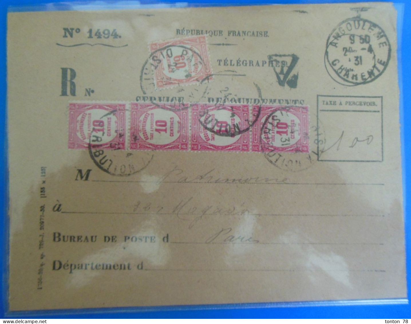 TIMBRE SUR LETTRE   -  TAXE - 1859-1959 Lettres & Documents