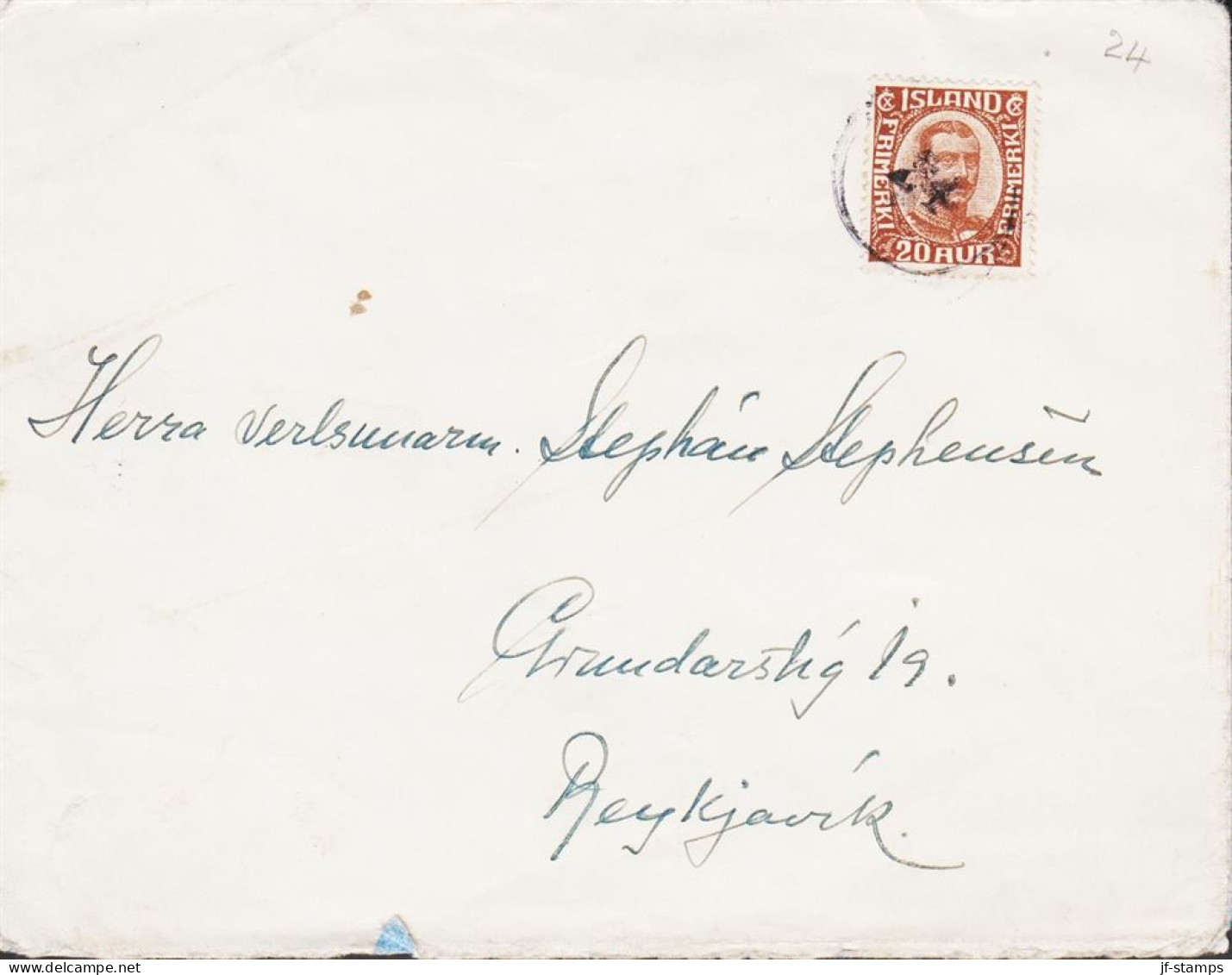 1922. ISLAND. King Christian X. Thin, Broken Lines In Ovl Frame. 20 Aur Brown Single On Cover... (Michel 101) - JF546092 - Covers & Documents