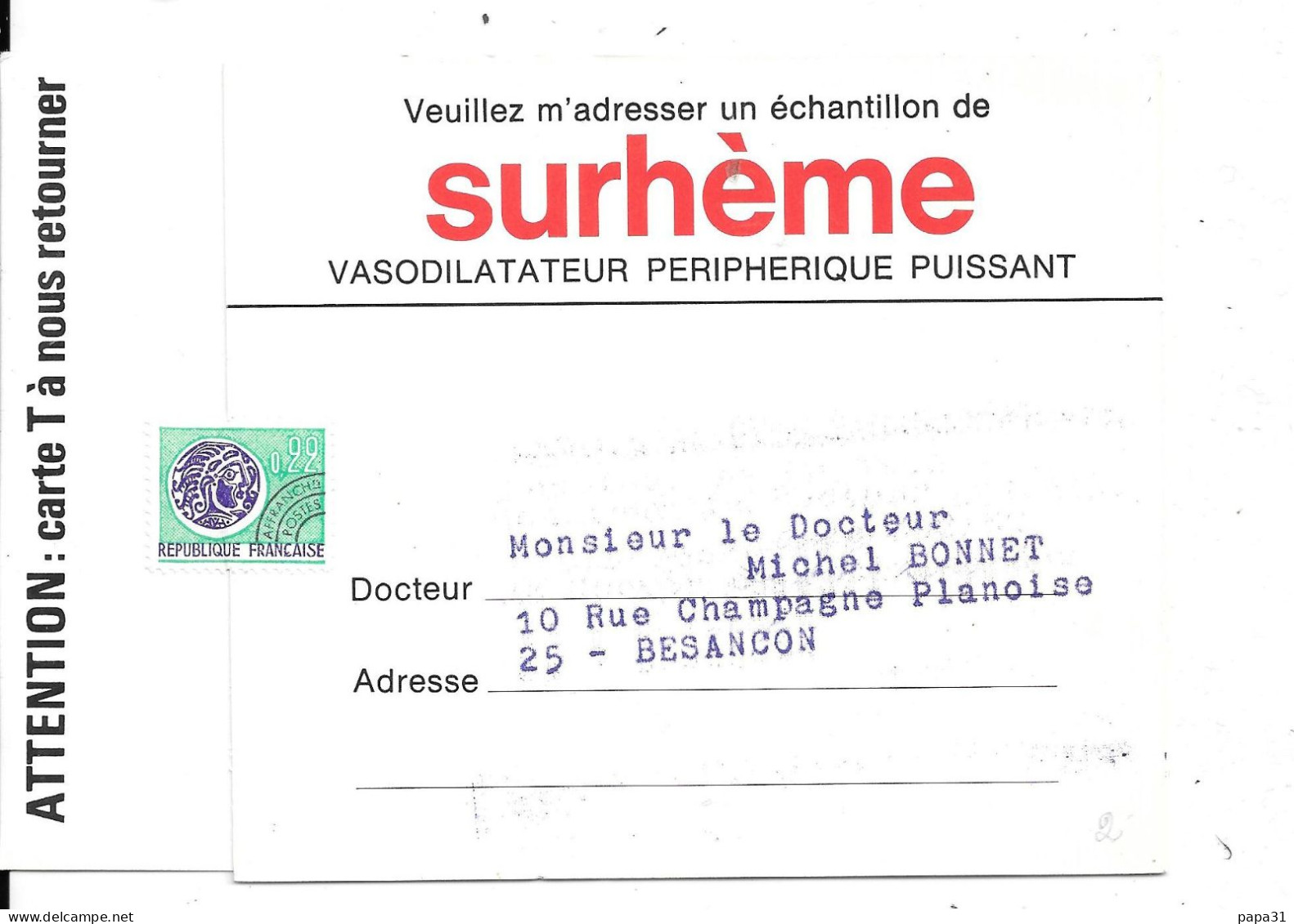 Surhème    Carte Pub De Médicaments - Advertising