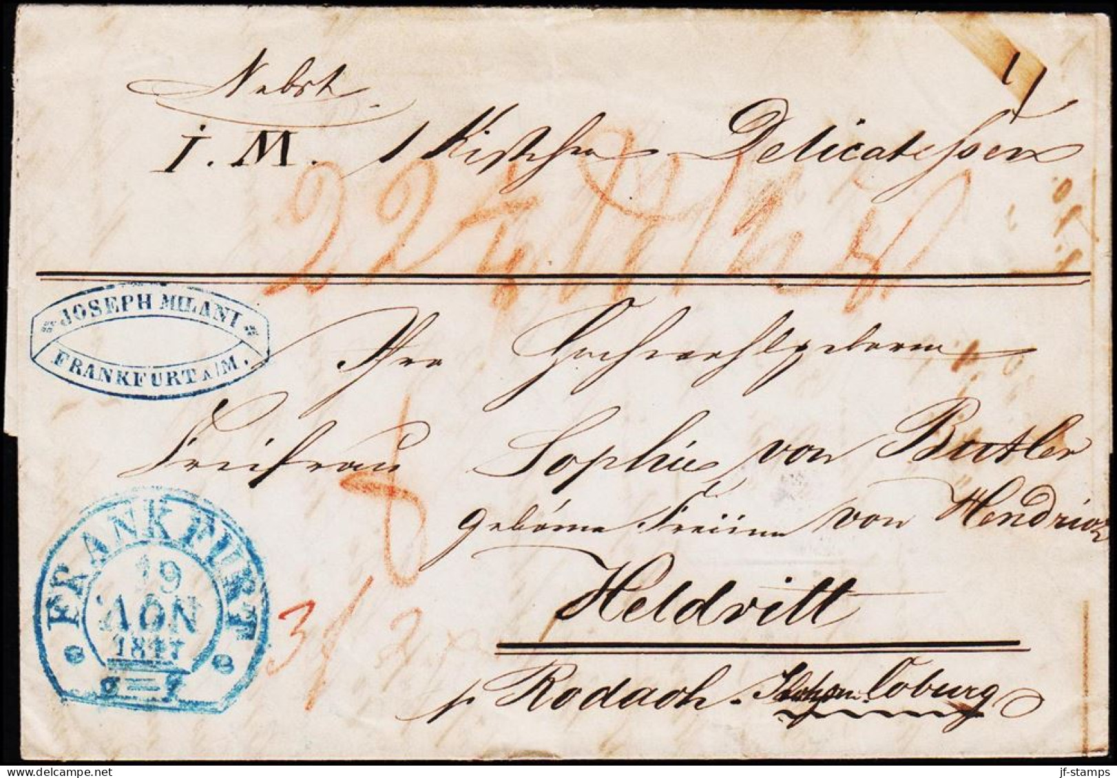 1847. Blue FRANKFURT 19.NOV 1847. NOV Inverted Parcel With Kirschen Delicatessen. - JF124250 - Vorphilatelie