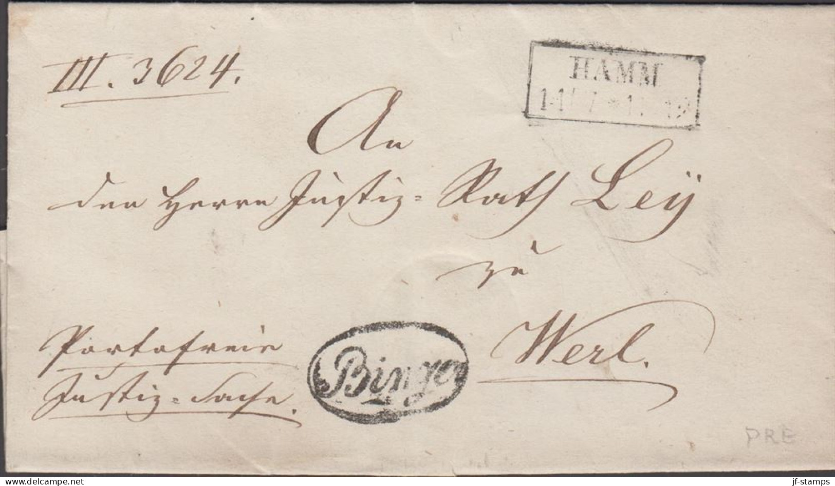 1855. DEUTSCHLAND. Fine Cover Cancelled HAMM 11/7 + The Unusual OVAL CANCEL Binge. Reverse Seal From GERIC... - JF436626 - [Voorlopers