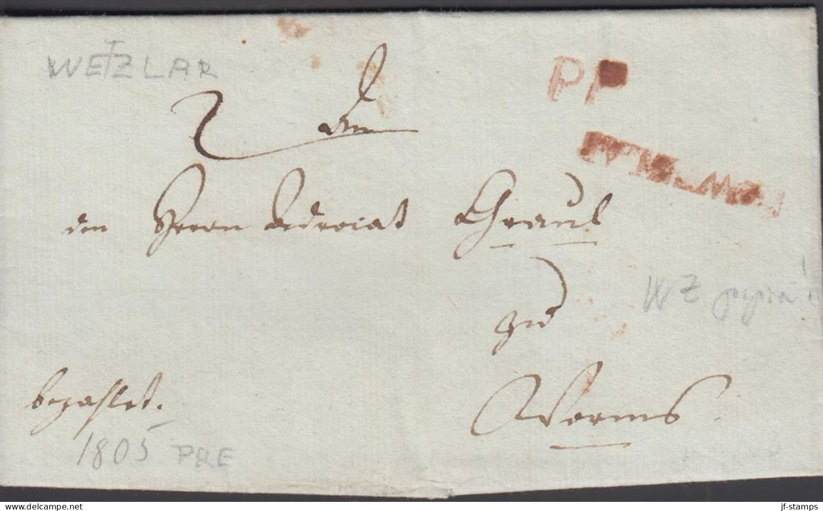 1805. DEUTSCHLAND. Fine Very Old Cover Cancelled WETZLAR + PP. Inside Dated Wetzlar 31th Jan 1805. Beautif... - JF436628 - Préphilatélie