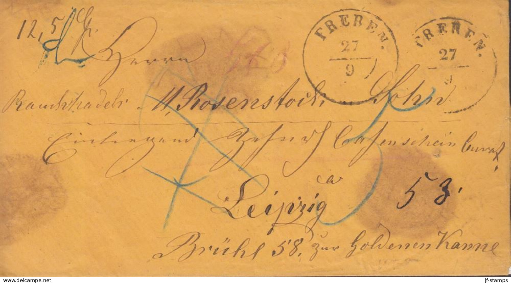 1860. DEUTSCHLAND. Very Interesting And Fine Small Yellow Money Cover Cancelled FREREN 27 9 To Leipzig. Re... - JF436631 - Prephilately