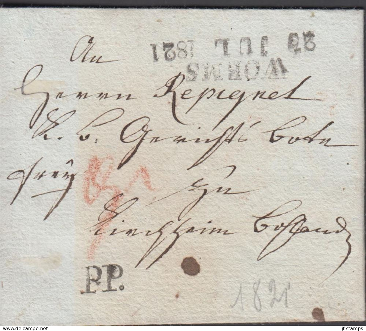 1821. DEUTSCHLAND. Fine Small Old Cover Cancelled WORMS 23 JUL 1821. Postage Marking In Brownred. More Tha... - JF436634 - Vorphilatelie