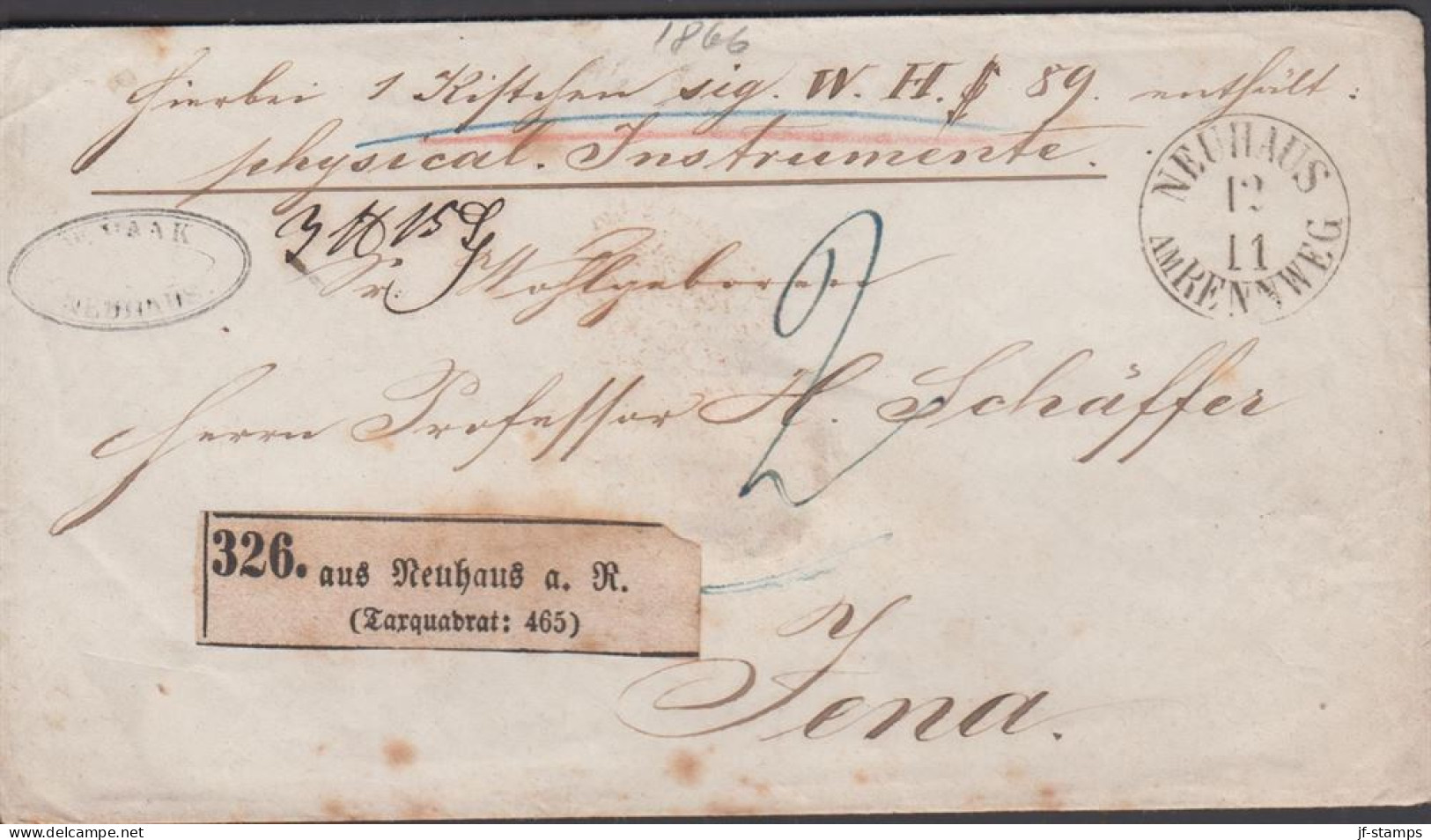 1866. DEUTSCHLAND. Fine Parcel Letter For Physical Instrumente To Jena Cancelled NEUHAUS AM RENNWEG 12 11.... - JF436640 - Vorphilatelie