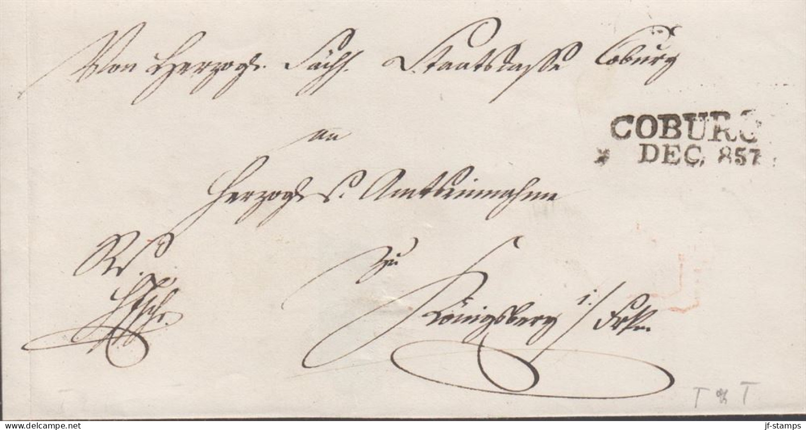 1857. DEUTSCHLAND. Fine Old Cover To Königsberg I. Preussen Cancelled COBURG DEC, 1857. Reverse Arrival Ca... - JF436641 - Prephilately