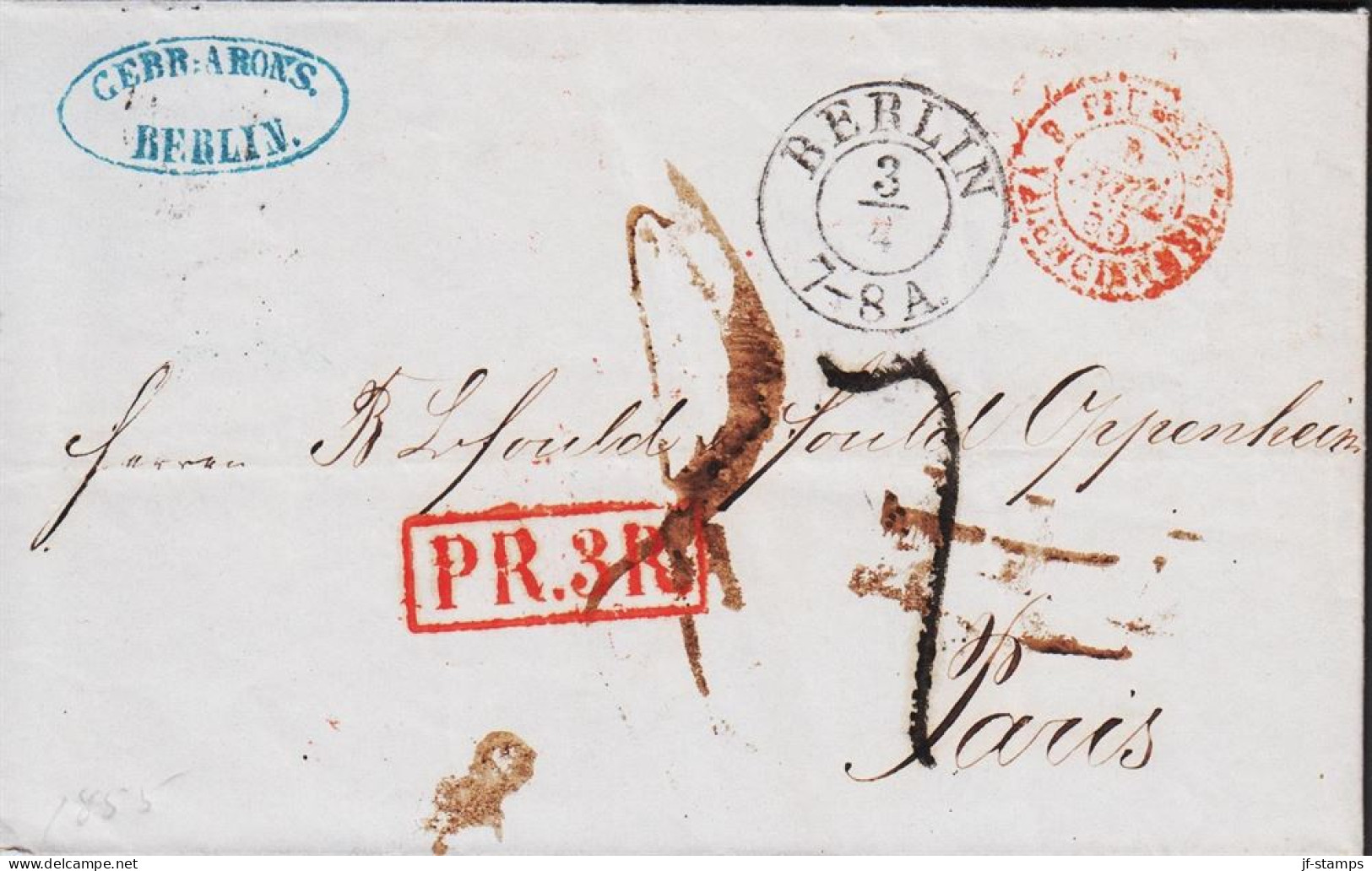 1855. DEUTSCHLAND. Interesting Cover To Paris  With Beautiful Postmark BERLIN 3 4. Preussen. Box Cancel P.... - JF545738 - Prephilately