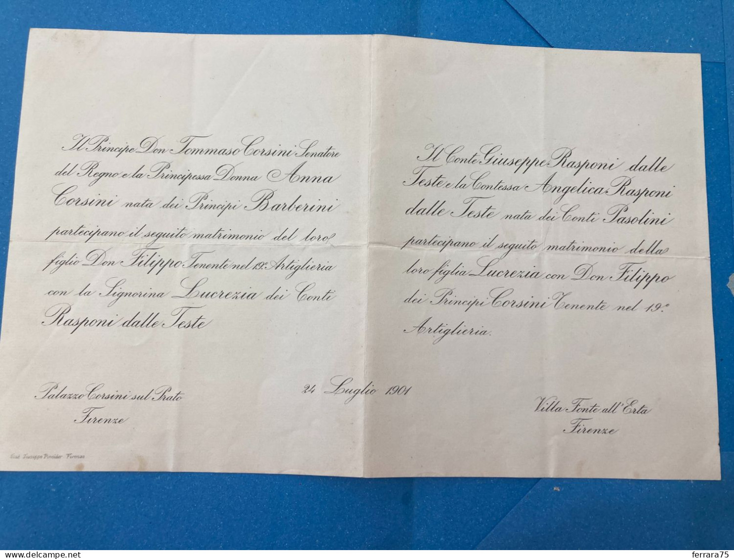 PRINCIPE TOMMASO CORSINI E CONSORTE PARTECIPAZIONE AL MATRIMONIO DEL FIGLIO 1901 - Altri & Non Classificati