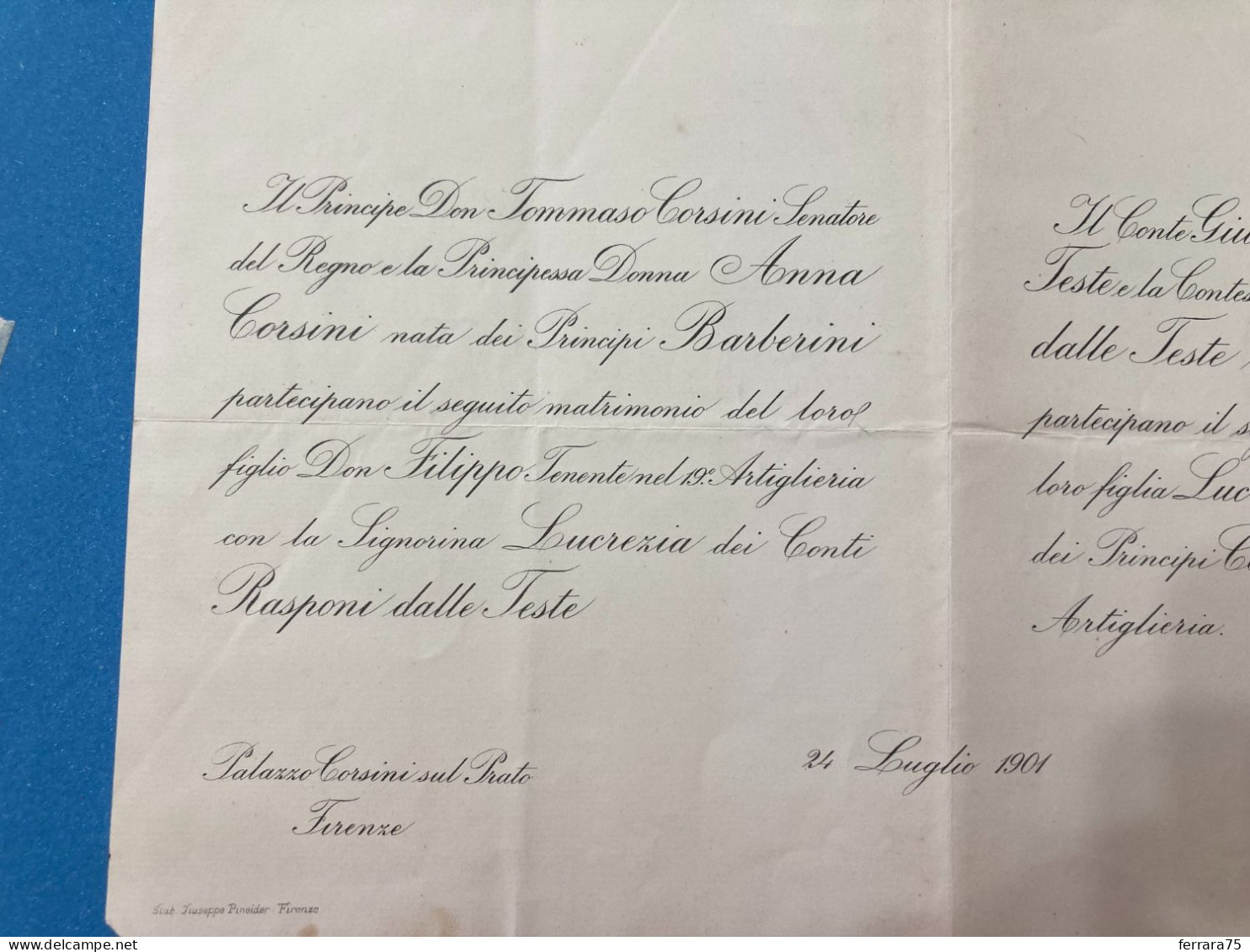 PRINCIPE TOMMASO CORSINI E CONSORTE PARTECIPAZIONE AL MATRIMONIO DEL FIGLIO 1901 - Altri & Non Classificati