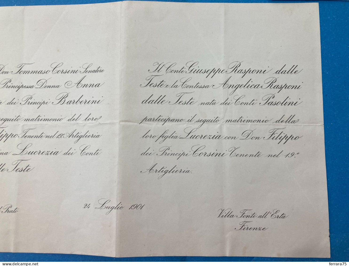 PRINCIPE TOMMASO CORSINI E CONSORTE PARTECIPAZIONE AL MATRIMONIO DEL FIGLIO 1901 - Otros & Sin Clasificación